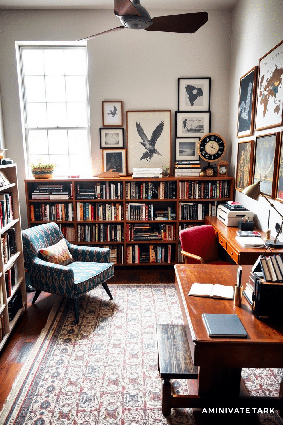 A cozy home library that blends vintage and modern decor elements. The room features a sleek, mid-century modern bookshelf filled with an eclectic collection of books, paired with a plush, retro armchair upholstered in a vibrant fabric. A large window allows natural light to flood the space, illuminating a vintage wooden writing desk adorned with contemporary stationery. A geometric-patterned rug anchors the room, while a mix of modern and vintage artwork adorns the walls, creating a harmonious balance between the two styles.