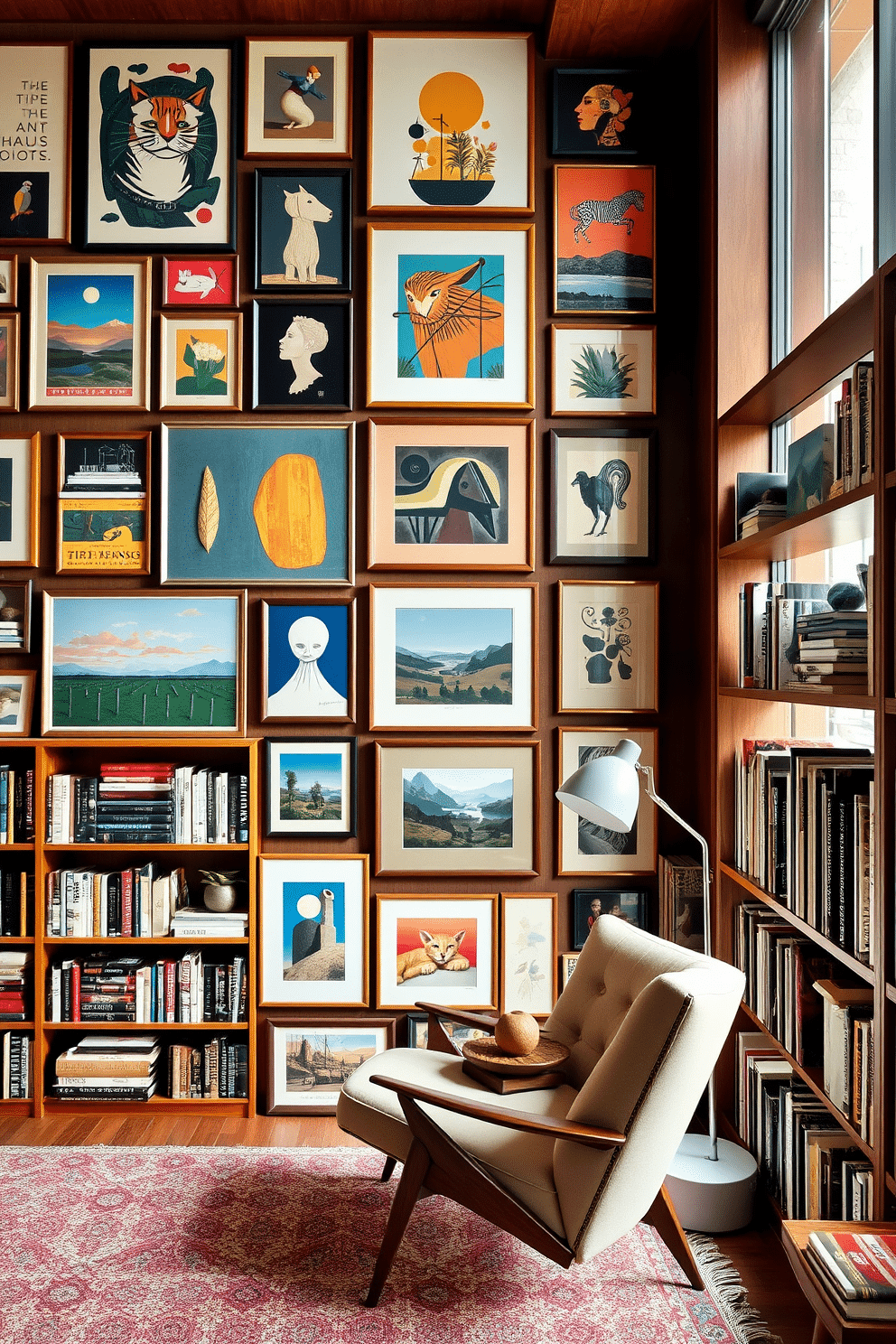 A vibrant gallery wall filled with eclectic artwork creates a striking focal point in the room. The art pieces range from bold abstract prints to serene landscapes, each framed in a mix of materials that add character and depth. The Mid Century Modern home library features sleek wooden bookshelves that stretch from floor to ceiling, showcasing a curated collection of books and decorative objects. A cozy reading nook with a retro armchair and a minimalist floor lamp invites relaxation, while large windows bathe the space in natural light.