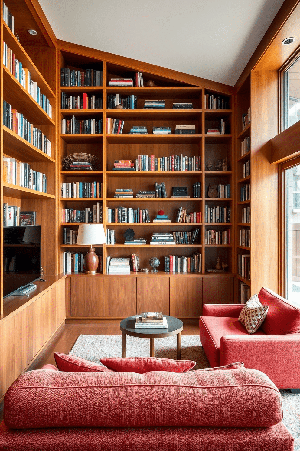 A stylish Mid Century Modern home library features built-in bookcases that stretch from floor to ceiling, showcasing a curated collection of books and decorative items. The warm wood tones of the shelves complement the rich hues of the plush seating area, creating an inviting space for reading and relaxation.