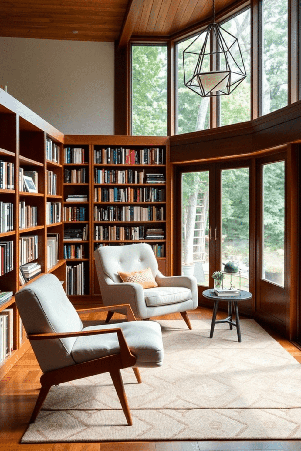 A Mid Century Modern home library features tapered leg furniture that enhances the sleek aesthetics of the space. The room is adorned with rich wooden bookshelves filled with colorful books, complemented by a cozy reading nook with a plush armchair and a minimalist side table. Large windows allow natural light to flood the room, highlighting the warm tones of the wooden furniture. A stylish rug anchors the seating area, while a geometric pendant light adds a touch of modern elegance.