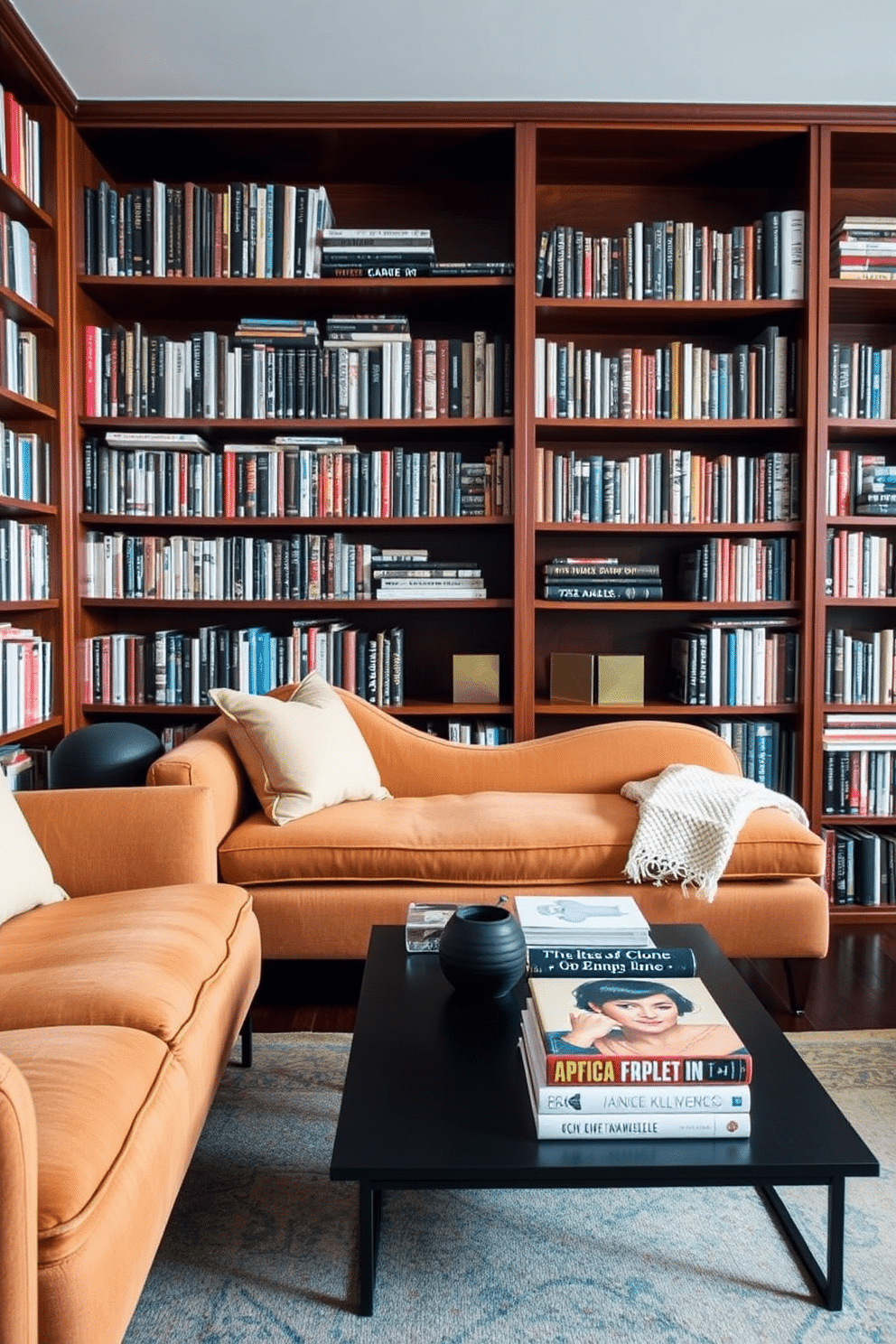 A cozy home library featuring a Mid Century Modern aesthetic. The space includes a plush chaise lounge upholstered in a warm fabric, inviting relaxation among the bookshelves. Rich wooden shelves filled with an array of books line the walls, accented by stylish brass bookends. A sleek, low coffee table sits in front of the chaise, topped with a few art books and a soft throw blanket for added comfort.