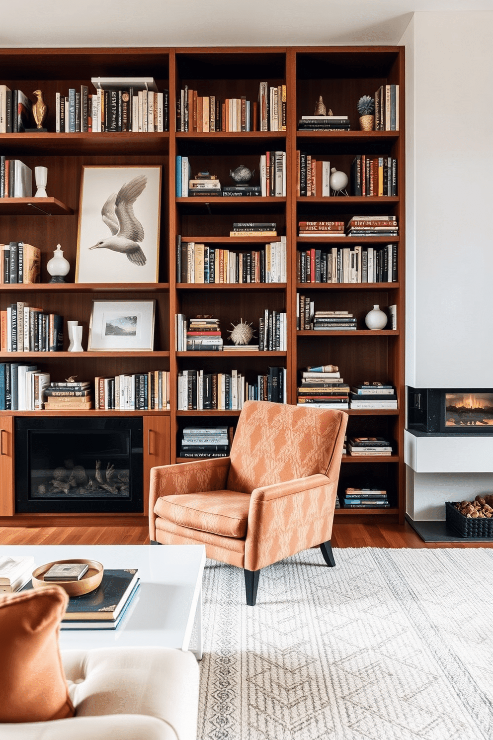 A cozy Mid Century Modern home library features a sleek wooden bookshelf filled with an eclectic mix of books and decorative items. A large, inviting armchair in a rich fabric sits beside a minimalist coffee table, while a stylish fireplace adds warmth and charm to the space.