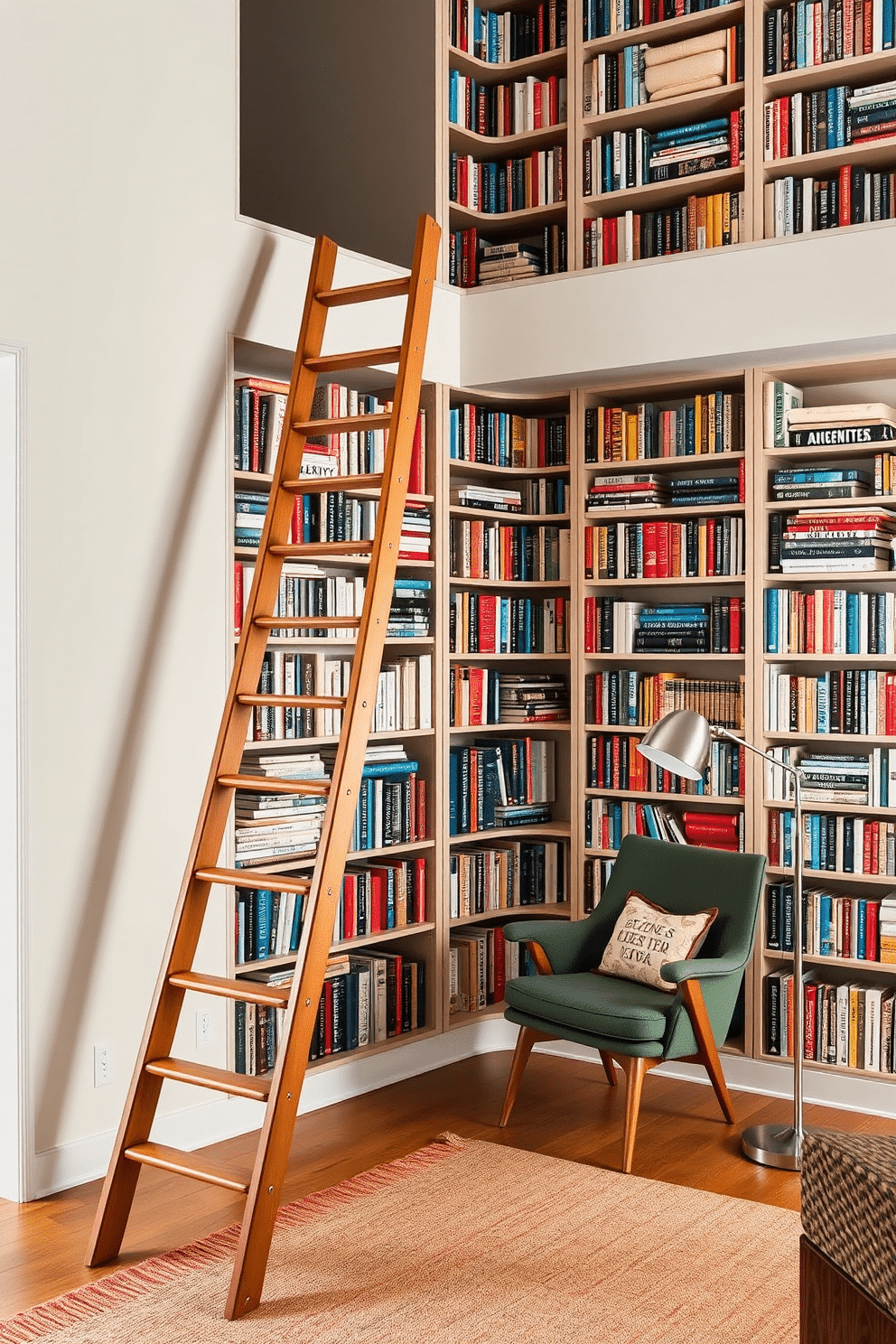 A Mid Century Modern home library featuring a stylish wooden ladder for high book access, elegantly leaning against a wall of built-in bookshelves filled with an array of colorful books. The space is adorned with a cozy reading nook, complete with a vintage armchair and a sleek floor lamp, creating an inviting atmosphere for relaxation and reading.