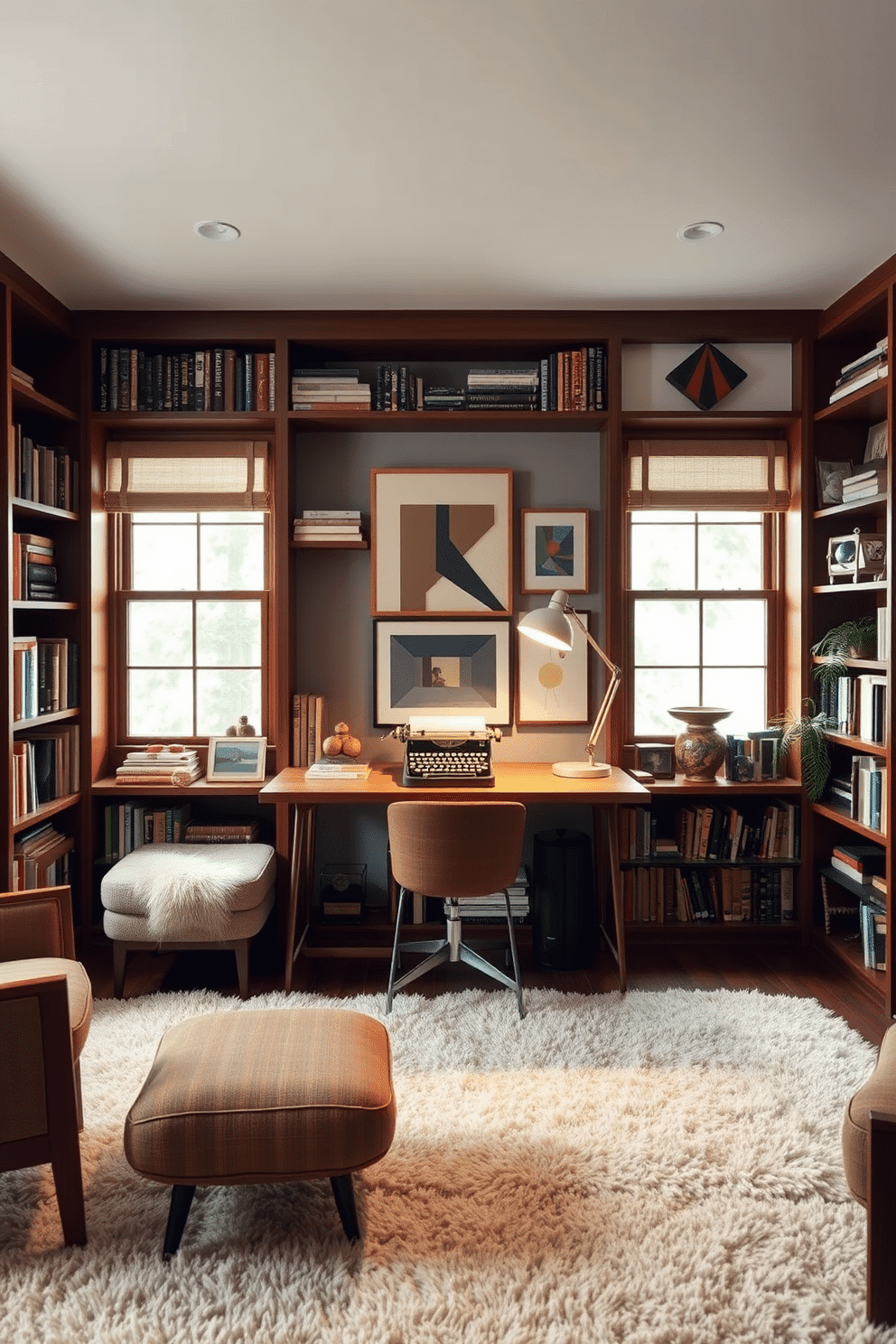 A cozy Mid Century Modern home library features a rich walnut bookshelf filled with an eclectic collection of books and decorative items. In the center, a vintage typewriter is elegantly displayed on a sleek, minimalist desk, surrounded by warm lighting from a retro floor lamp. The walls are adorned with geometric art pieces that reflect the era's aesthetic, while a plush area rug anchors the space. Large windows invite natural light, highlighting the rich textures of the furniture and the inviting atmosphere of the library.