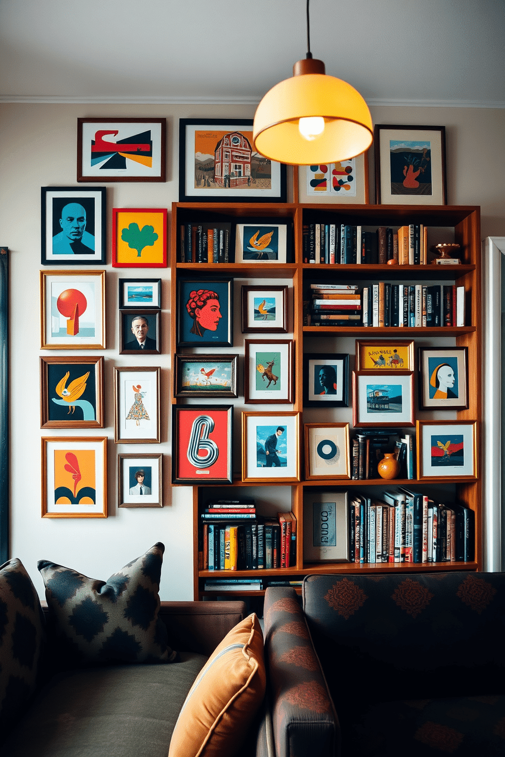 A gallery wall adorned with an eclectic mix of framed art pieces, showcasing vibrant colors and varying styles. Each frame is carefully arranged in a unique layout, with some pieces overlapping slightly to create a dynamic visual effect. A cozy Mid Century Modern home library featuring a sleek wooden bookshelf filled with books and decorative items. Comfortable seating with bold, geometric patterns invites relaxation, while a warm, ambient light fixture hangs overhead, enhancing the inviting atmosphere.