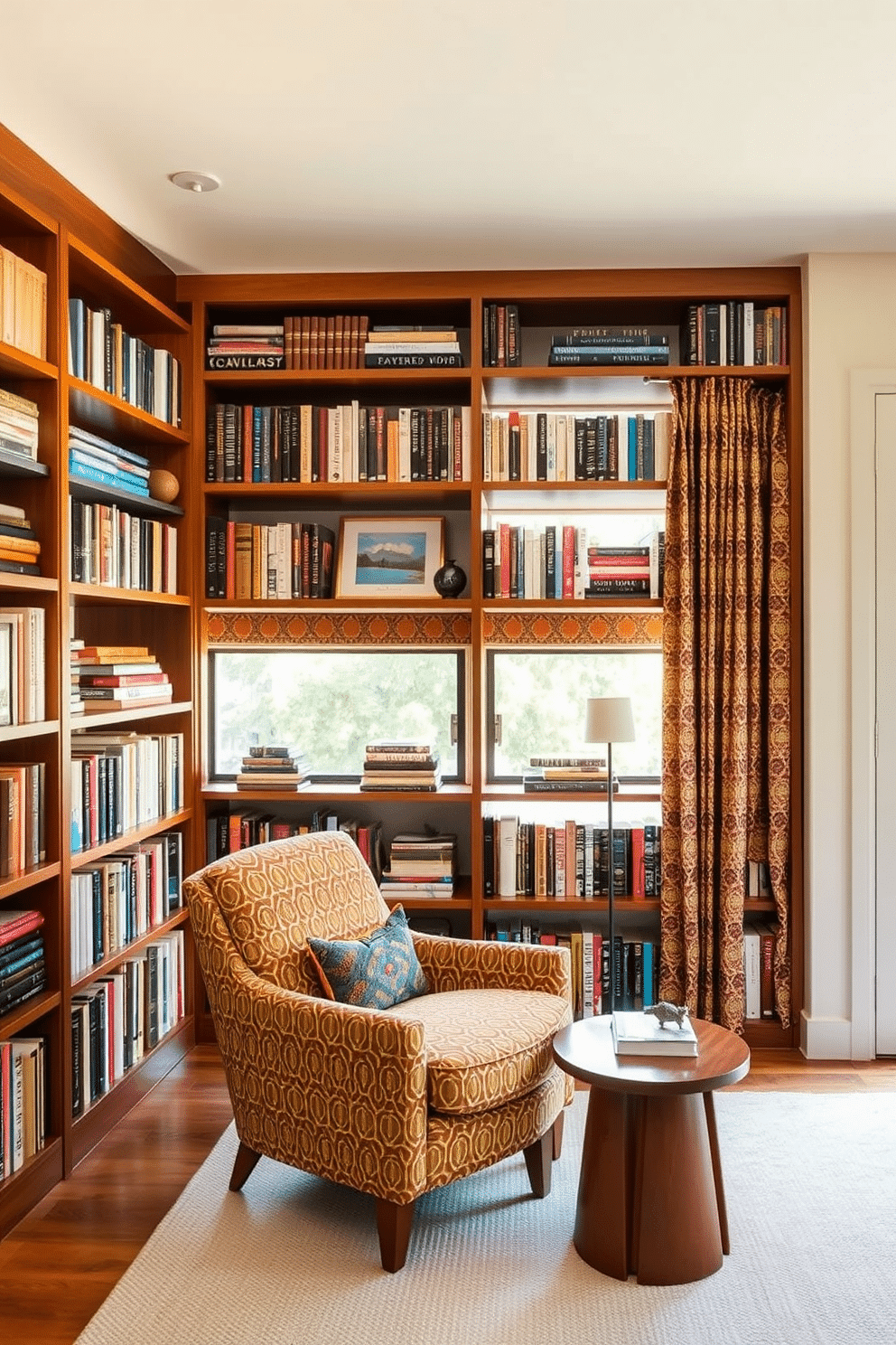 A Mid Century Modern home library featuring a sleek wooden bookshelf that spans an entire wall, filled with an eclectic mix of books and decorative objects. A cozy reading nook is created with a retro-inspired armchair upholstered in a vibrant geometric fabric, complemented by a small side table and a stylish floor lamp. Patterned curtains in warm earth tones frame the large windows, adding texture and warmth to the space. The walls are painted in a soft cream color, enhancing the natural light and creating a serene atmosphere perfect for reading and relaxation.