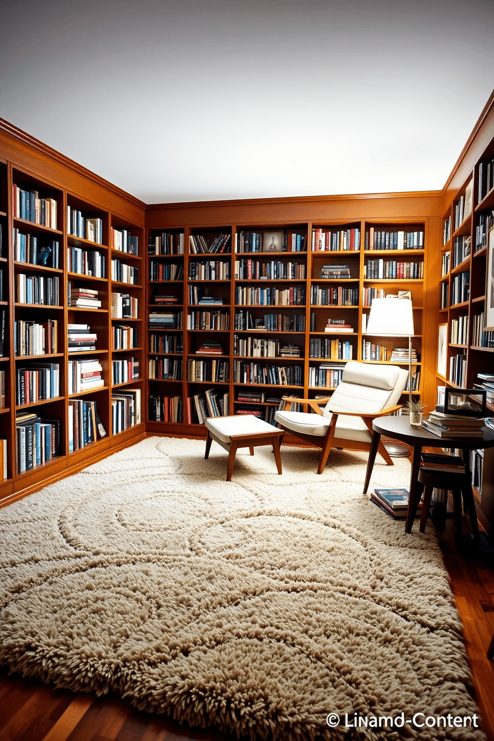 A cozy Mid Century Modern home library featuring a large, plush area rug that adds warmth and texture to the space. The room is adorned with sleek wooden bookshelves filled with an eclectic mix of books, and a comfortable reading chair is positioned next to a floor lamp, inviting relaxation.