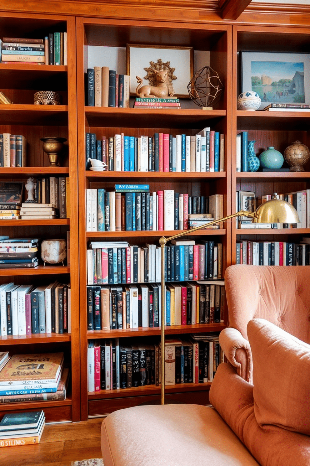 A cozy Mid Century Modern home library features warm wooden bookshelves filled with an eclectic collection of books and decorative objects. A stylish reading lamp with a sleek brass finish stands beside a plush, retro-inspired armchair, creating a perfect nook for relaxation and reading.