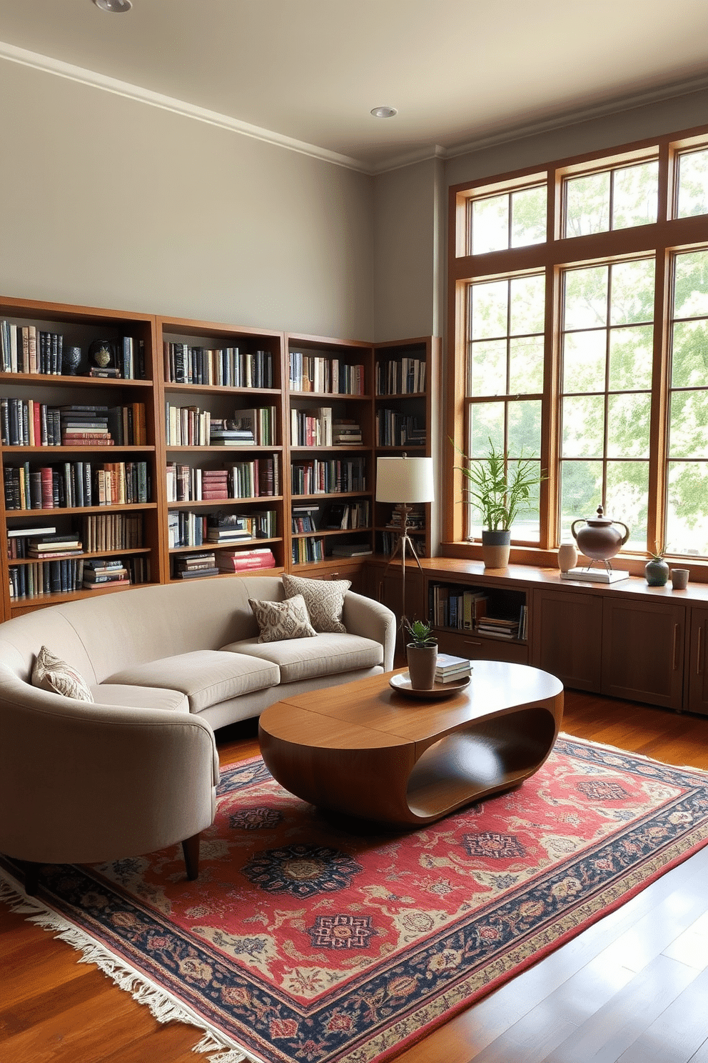 A cozy home library featuring Mid Century Modern furniture with organic curves. A plush, curved sofa in a soft, muted fabric is paired with a sleek wooden coffee table that has rounded edges, creating an inviting reading nook. The walls are lined with built-in bookshelves showcasing an array of colorful books and decorative objects. A large window allows natural light to flood the space, highlighting a vintage rug that adds warmth and texture to the polished wooden floor.