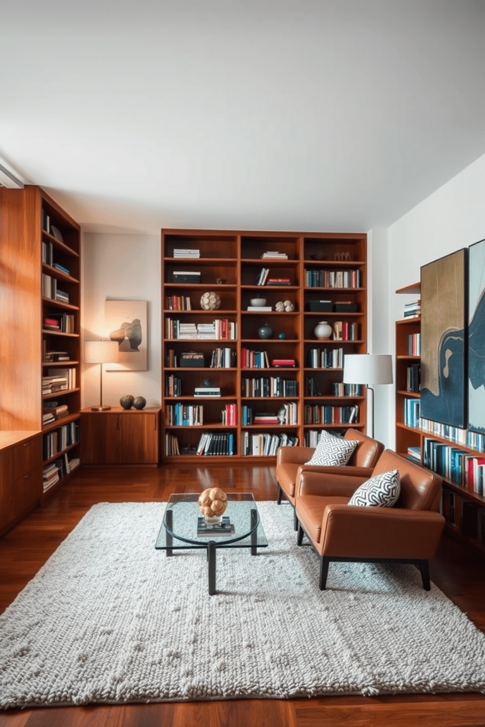 A Mid Century Modern home library features rich wooden bookshelves that stretch from floor to ceiling, filled with a curated collection of books and decorative objects. A plush, textured area rug anchors the space, complemented by a sleek leather armchair and a minimalist glass coffee table. The walls are adorned with abstract art pieces, adding a pop of color to the warm, neutral palette. Soft lighting from a stylish floor lamp casts a cozy glow, inviting you to relax and enjoy the serene atmosphere of the library.