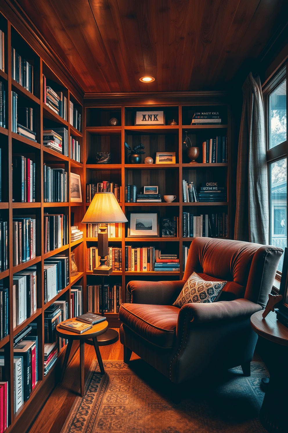 Rich wood tones with warm lighting create an inviting atmosphere in this Mid Century Modern home library. The shelves are filled with an eclectic mix of books and decorative objects, while a plush, oversized armchair invites relaxation in a cozy reading nook.