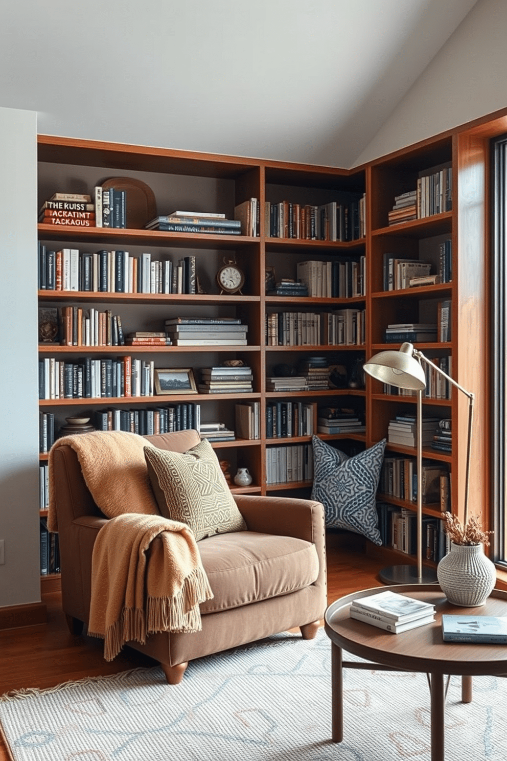 A cozy corner is created with oversized pillows in various textures and patterns, inviting relaxation and comfort. A warm throw blanket drapes over the side of a plush armchair, enhancing the inviting atmosphere. The Mid Century Modern home library features sleek wooden bookshelves filled with a curated collection of books and decorative objects. A stylish reading nook is nestled by a large window, complete with a vintage floor lamp and a minimalist coffee table.