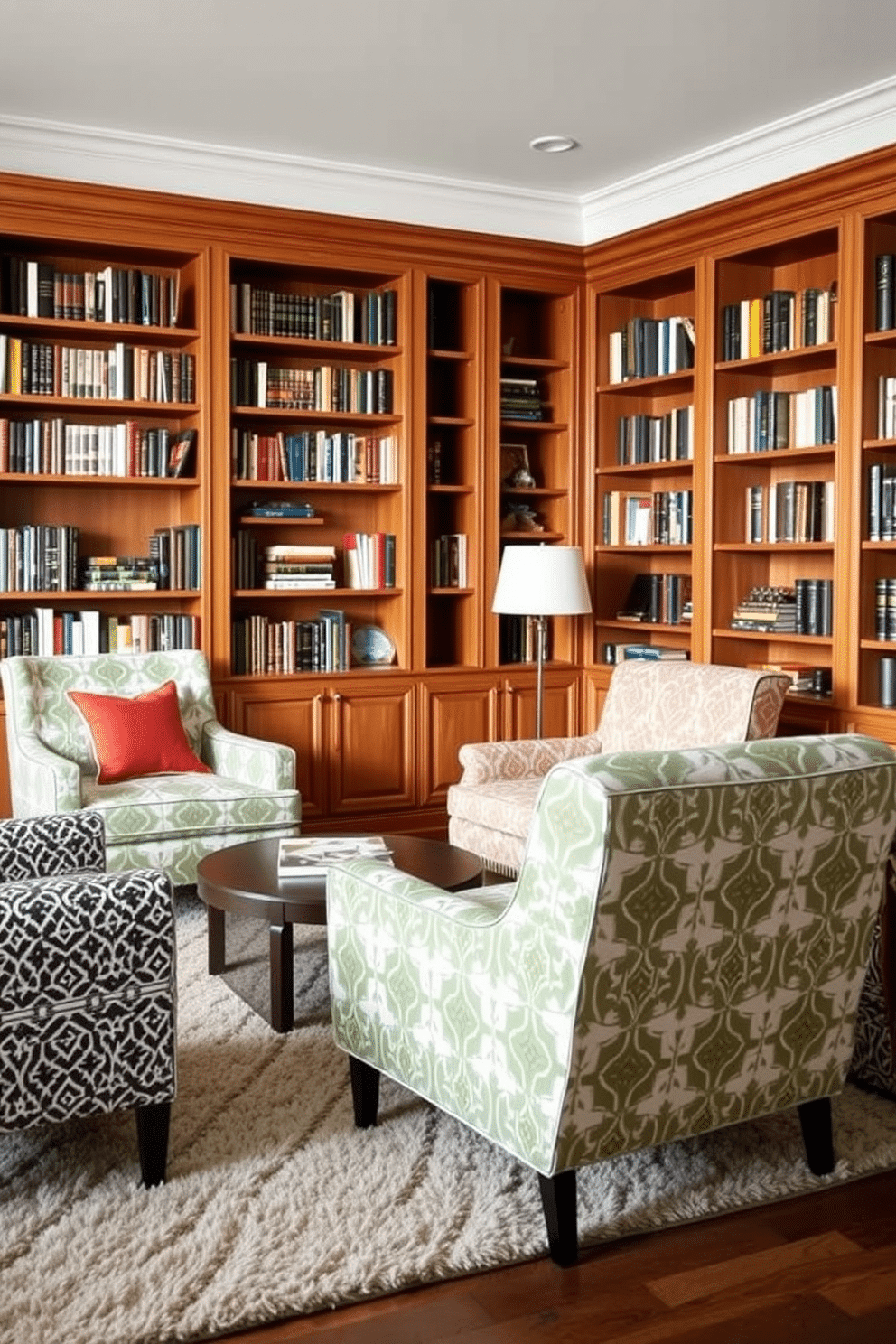 A cozy home library featuring accent chairs in bold geometric patterns. The room is adorned with warm wood shelves filled with books, and a plush area rug anchors the seating area.