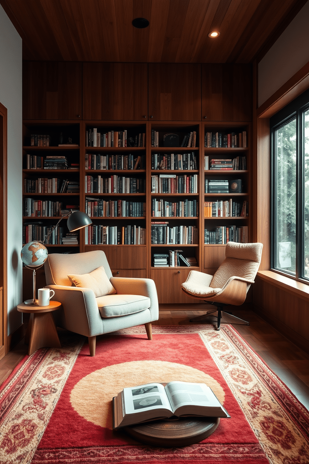 A cozy reading nook featuring layered rugs in warm, inviting tones. The space includes a plush armchair, a small side table with a steaming cup of tea, and a floor lamp casting a soft glow. A Mid Century Modern home library with sleek wooden bookshelves filled with colorful books. The room is accented with a vintage globe, a stylish lounge chair, and a large window allowing natural light to flood in.