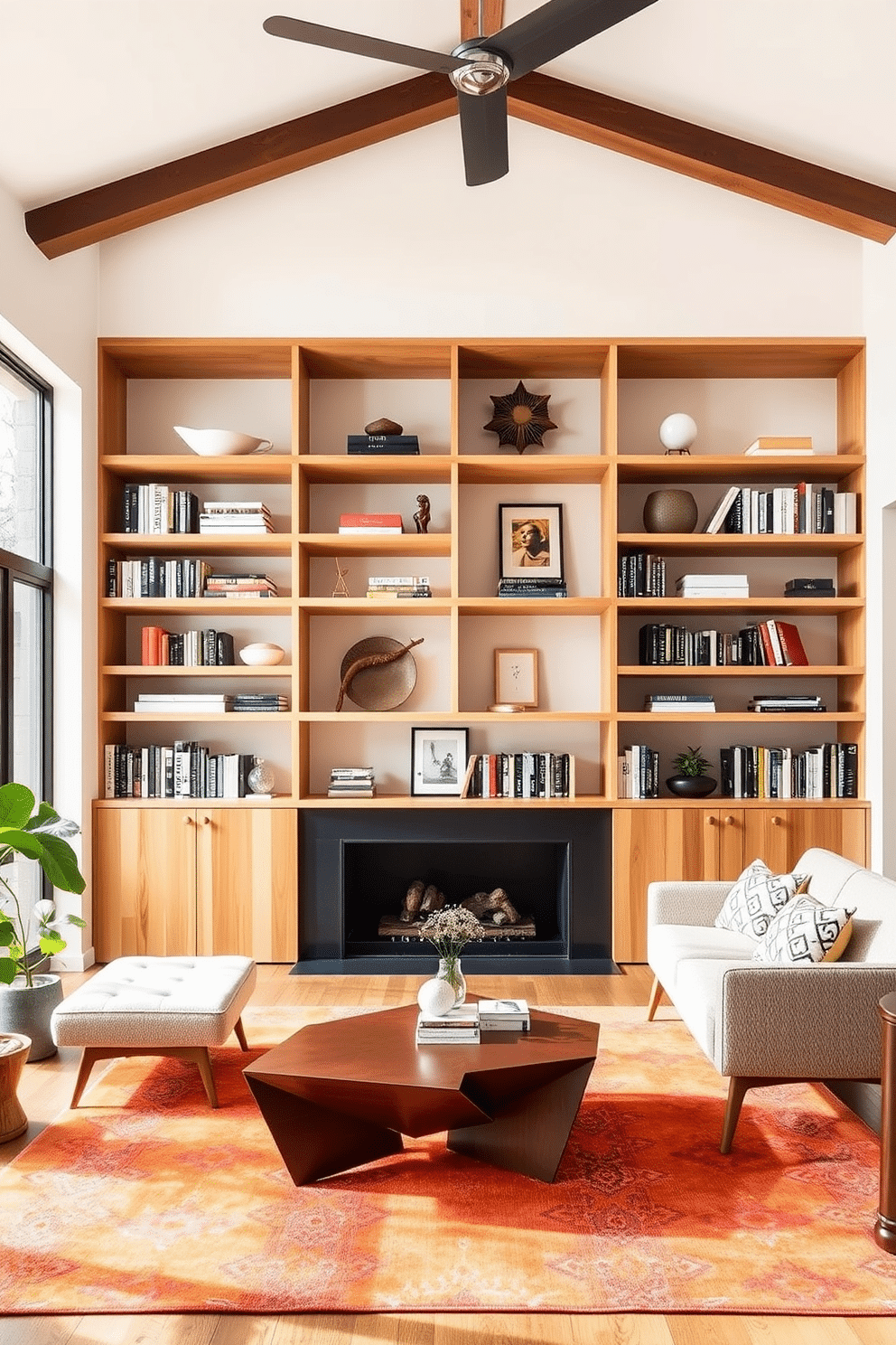 A stylish home library featuring floating shelves that create a minimalist appeal. The shelves are made of light wood and are neatly arranged with a curated selection of books and decorative objects. The room is designed in a Mid Century Modern style, with a sleek, low-profile sofa and a geometric coffee table. Large windows allow natural light to flood the space, highlighting the warm tones of the wooden furniture and the vibrant area rug beneath.