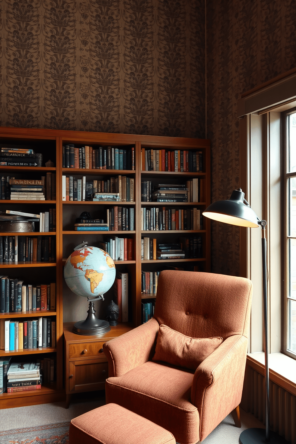 A vintage globe sits elegantly on a mid-century modern wooden bookshelf, surrounded by an array of colorful books and decorative items. The library features a cozy reading nook with a plush armchair upholstered in rich, textured fabric, complemented by a sleek floor lamp that casts a warm glow. The walls are adorned with retro wallpaper in muted tones, creating a nostalgic atmosphere that enhances the vintage charm. A large window allows natural light to flood the space, highlighting the unique design elements and inviting a sense of tranquility.