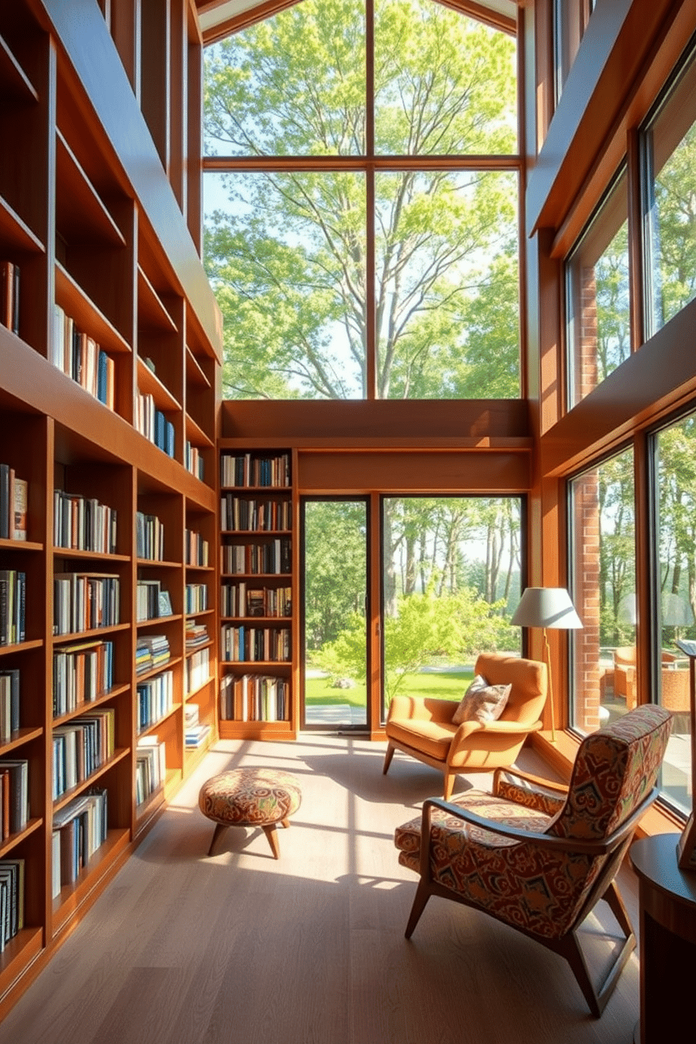 A spacious home library featuring large windows that flood the room with natural light, creating a warm and inviting atmosphere. The design incorporates Mid Century Modern elements, with sleek wooden bookshelves, a cozy reading nook, and a stylish lounge chair upholstered in vibrant fabric.