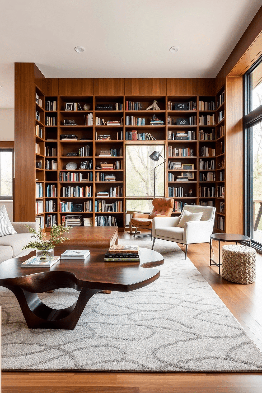 A mid-century coffee table with a sculptural design is the focal point of the living room. It features organic shapes and rich walnut wood, complemented by a soft area rug in muted earth tones. The home library is designed with a cozy, inviting atmosphere, showcasing built-in bookshelves that reach the ceiling. Large windows allow natural light to flood in, highlighting a comfortable reading nook with a vintage armchair and a sleek floor lamp.