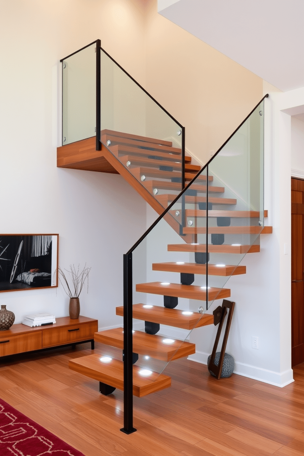 A stunning floating wooden staircase features a sleek glass railing that enhances the sense of space and light in the room. The warm tones of the wood contrast beautifully with the minimalist design, creating an inviting focal point in the entryway. The staircase is adorned with carefully placed LED lights that illuminate the steps, adding a touch of modern elegance. Surrounding the staircase, a neutral color palette and contemporary art pieces complement the Mid-Century Modern aesthetic.