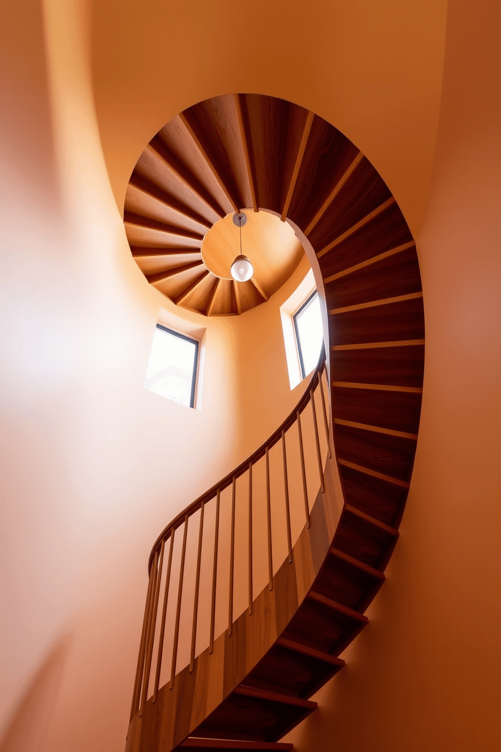 A stunning mid-century style spiral staircase crafted from rich wood spirals elegantly upwards, showcasing smooth, clean lines and a minimalist aesthetic. The staircase features open risers and a sleek handrail, allowing light to filter through, enhancing the airy feel of the space. Surrounding the staircase, the walls are adorned with warm, earthy tones that complement the natural wood finish. A stylish pendant light hangs above, casting a soft glow and highlighting the staircase's architectural beauty.