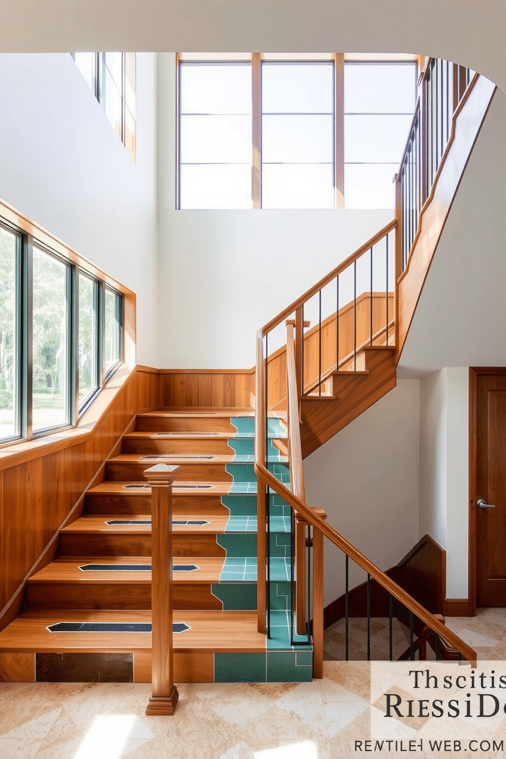 A stunning staircase features retro tile accents that add a vibrant touch to the overall design. The tiles are arranged in a geometric pattern, creating an eye-catching focal point that complements the warm wood of the staircase. The handrail is crafted from polished brass, enhancing the Mid-Century Modern aesthetic. Large windows allow natural light to flood the space, highlighting the rich textures and colors of the staircase design.