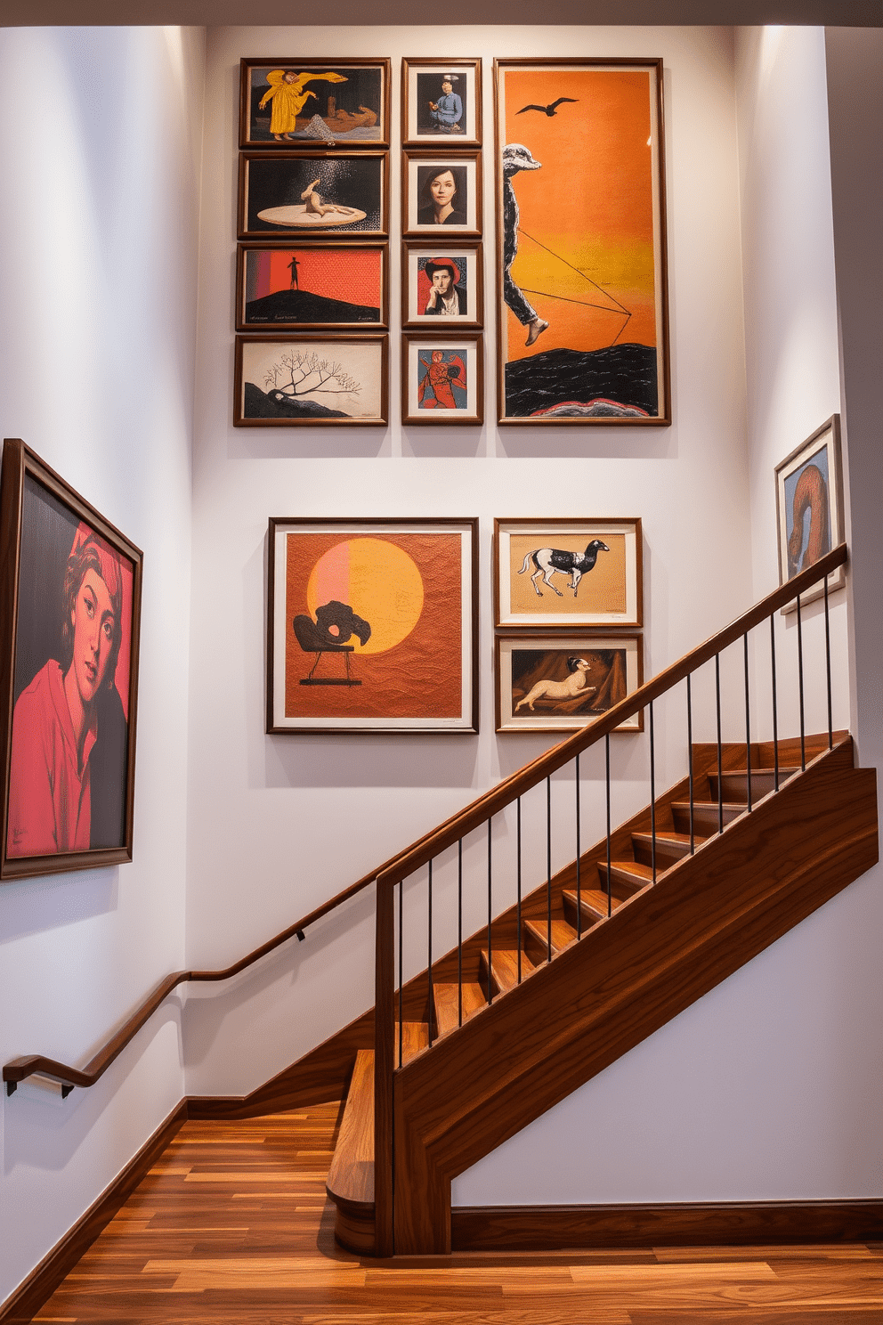 A stunning staircase features a large, framed artwork display that draws the eye upward. The walls are adorned with a series of vibrant pieces, creating a gallery-like atmosphere that complements the sleek lines of the Mid-Century Modern design. The staircase itself is crafted from rich hardwood, with a minimalist railing that allows the artwork to take center stage. Soft, ambient lighting highlights the art and enhances the overall elegance of the space.