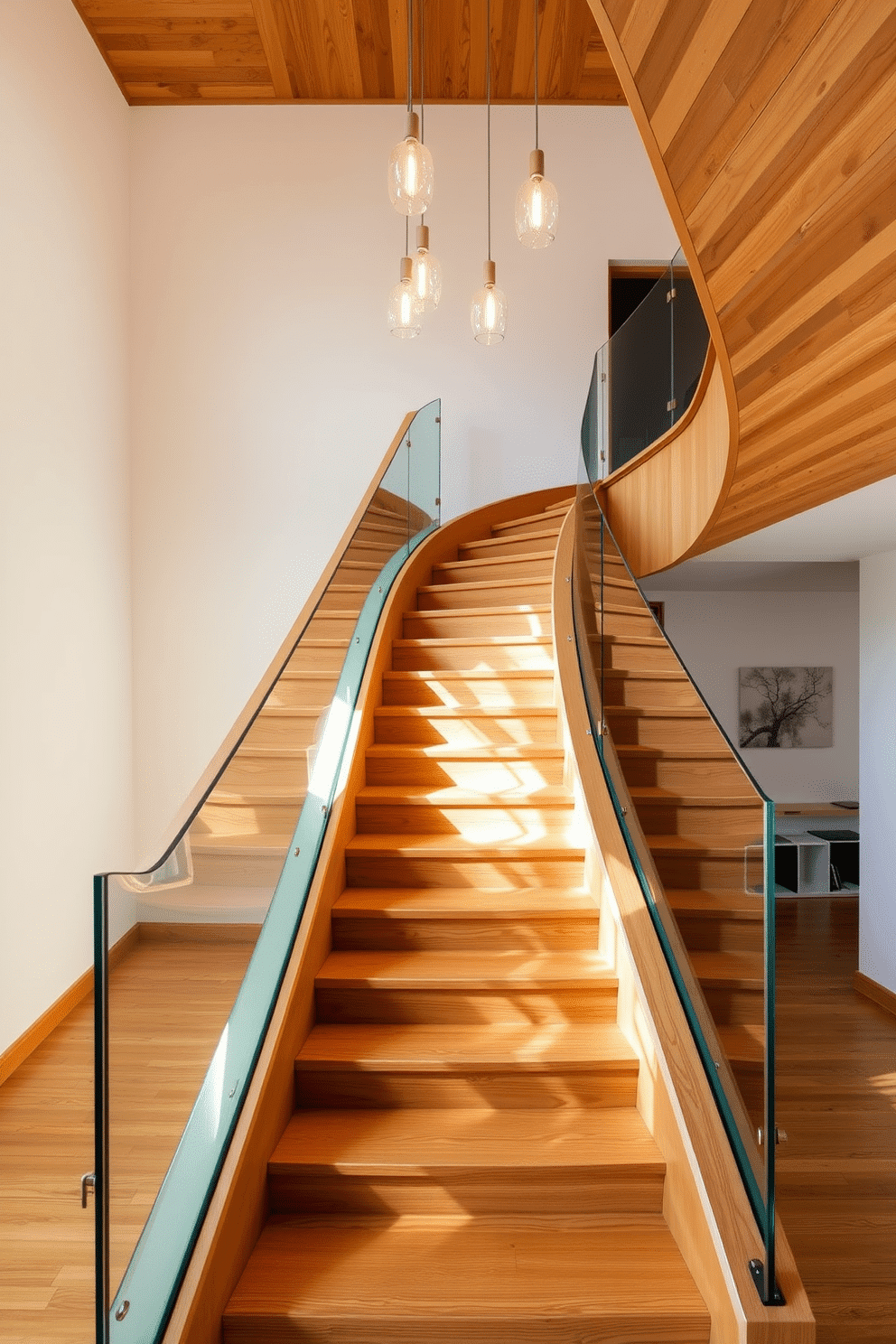 A natural wood staircase with soft curves gracefully flows from the first to the second floor. The warm tones of the wood contrast beautifully with the sleek glass railing, creating an inviting and airy atmosphere. The staircase features wide treads and subtle risers that enhance its Mid-Century Modern aesthetic. Elegant lighting fixtures hang above, casting a soft glow that highlights the unique design elements and craftsmanship.