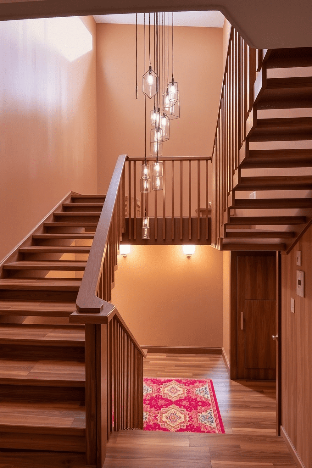 A striking staircase with asymmetrical design elements features a combination of open risers and a sleek, cantilevered handrail. The treads are crafted from rich walnut wood, while the stairwell is adorned with a series of geometric light fixtures that cascade down, creating a dramatic focal point. The Mid-Century Modern staircase showcases a blend of organic shapes and clean lines, with a balustrade made of vertical wooden slats. The walls are painted in a warm, neutral tone, complemented by a vibrant area rug at the base that adds a pop of color and texture to the space.