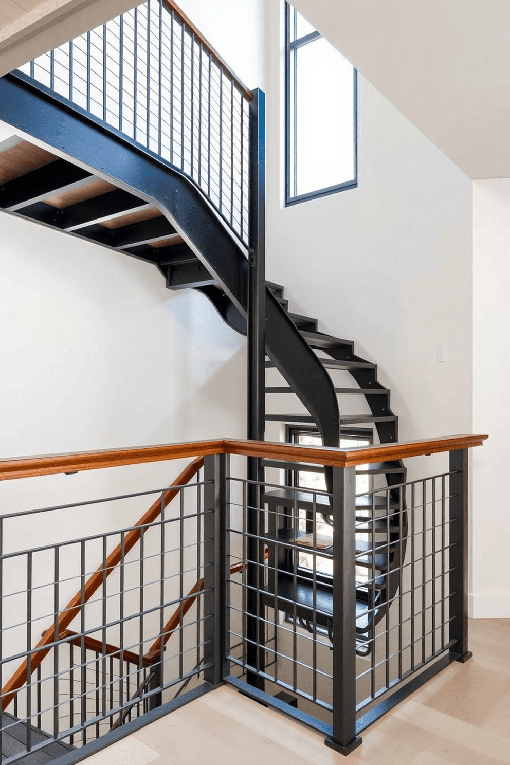 A stunning metal staircase features sleek, angular lines with a rich wooden handrail that adds warmth and contrast. The open design allows light to filter through, highlighting the beauty of both the metal structure and the elegant wood accents. This Mid-Century Modern staircase showcases a harmonious blend of functionality and style, with minimalist metal railings that emphasize clean lines. The wooden handrails are crafted from rich walnut, providing a striking visual appeal that complements the overall aesthetic.