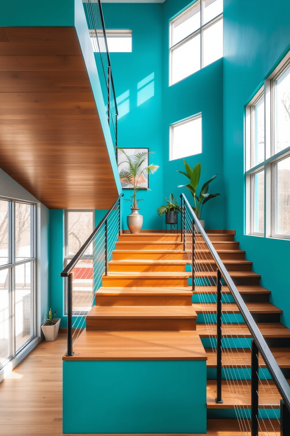 A stunning staircase featuring a vibrant teal wall as the backdrop, creating a bold statement. The staircase itself showcases sleek wooden treads and a minimalist metal railing, perfectly embodying Mid-Century Modern design principles. Natural light floods the space through large windows, enhancing the vibrant colors and highlighting the unique architectural details. Decorative plants are strategically placed along the staircase, adding a touch of greenery and warmth to the modern aesthetic.