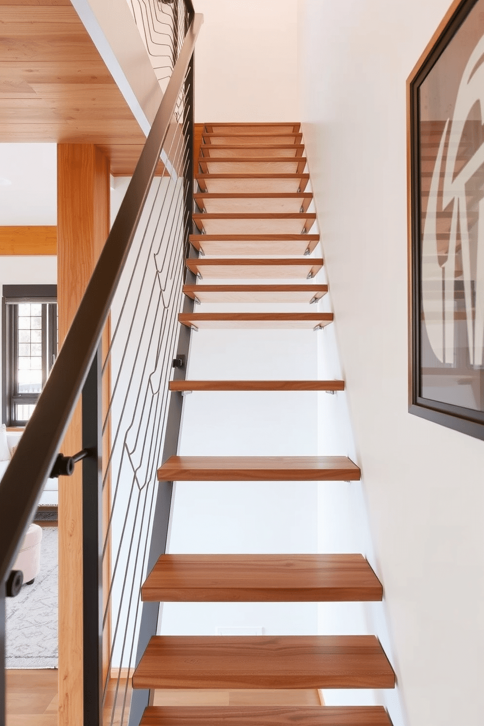 A ladder-style staircase designed for compact spaces features sleek wooden steps that ascend at an angle, maximizing vertical space while maintaining a minimalist aesthetic. The staircase is complemented by a sturdy metal railing, providing both safety and an industrial touch. Mid-Century Modern staircase design ideas incorporate warm wood tones and geometric shapes, creating a visually striking focal point in any home. The open risers allow light to flow through, enhancing the sense of space while showcasing the beauty of the surrounding architecture.