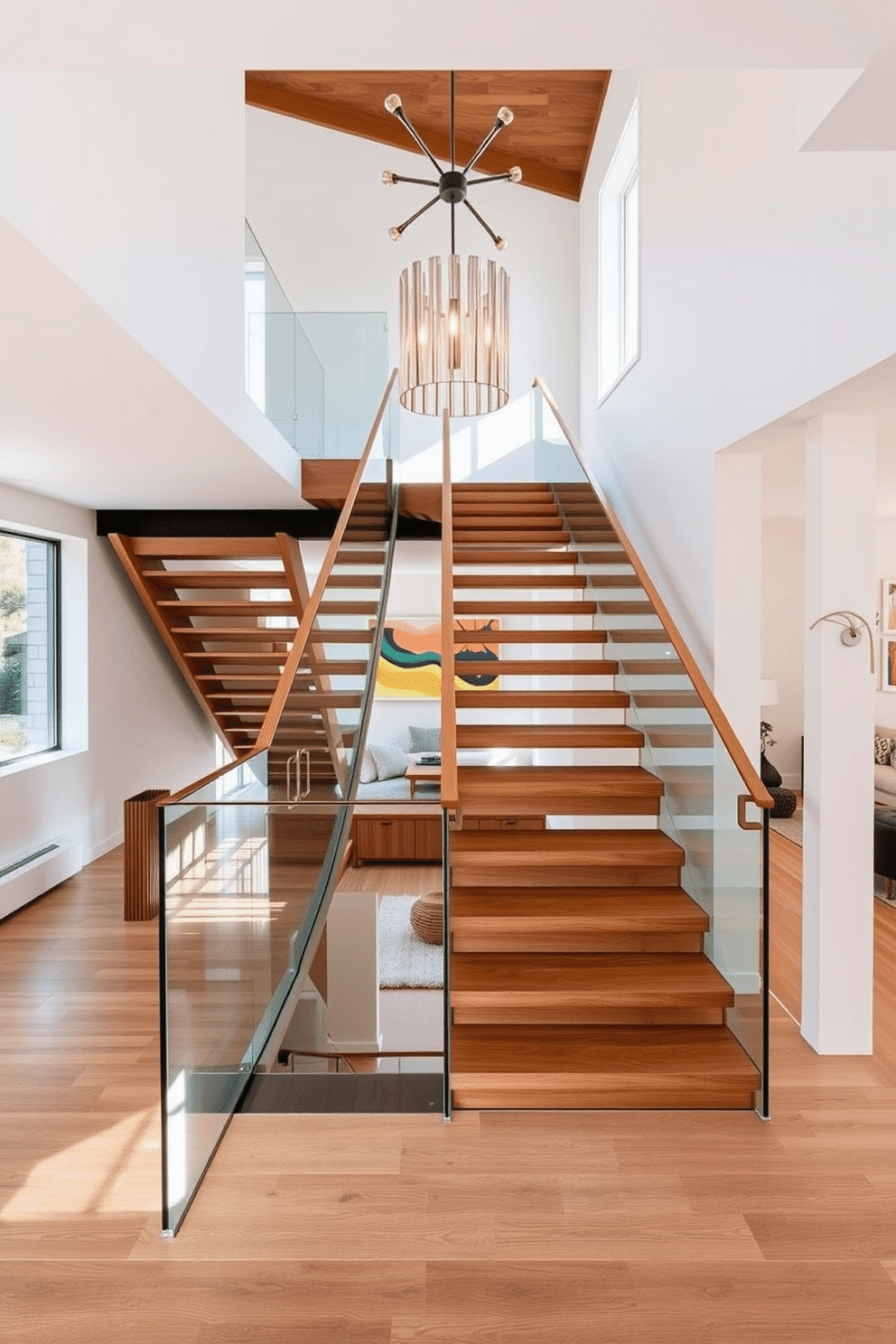 A striking staircase design with open views to the living area, featuring sleek wooden treads and a minimalist glass railing that enhances the sense of space. The surrounding walls are painted in a soft white, allowing natural light to flow through and create an inviting atmosphere. The staircase showcases a Mid-Century Modern aesthetic, with geometric shapes and clean lines that reflect the style's timeless elegance. A statement light fixture hangs above, casting a warm glow and highlighting the rich textures of the wood and the airy design of the space.