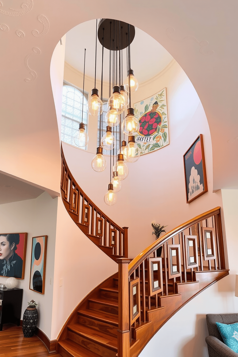 A stunning staircase featuring vintage-inspired pendant lighting that cascades down from the ceiling, casting a warm glow on the surrounding area. The staircase itself is crafted from rich hardwood, with a sleek, curved railing that adds an elegant touch to the overall design. Incorporating Mid-Century Modern elements, the staircase showcases geometric patterns in the balustrade, complemented by a bold color palette. The walls are adorned with retro artwork, enhancing the nostalgic feel while seamlessly blending with contemporary furnishings nearby.