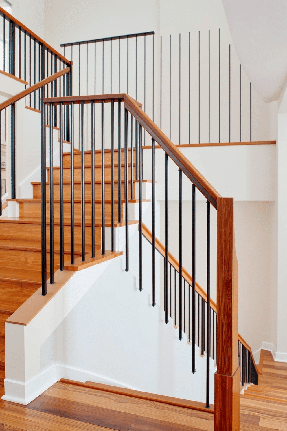 A striking staircase features geometric metal balusters that create a bold visual statement. The sleek lines of the balusters contrast beautifully with a rich wooden handrail, enhancing the modern aesthetic of the space. The Mid-Century Modern staircase showcases a combination of organic shapes and clean lines. Warm wood tones and minimalist metal accents come together to create an inviting and stylish focal point in the home.