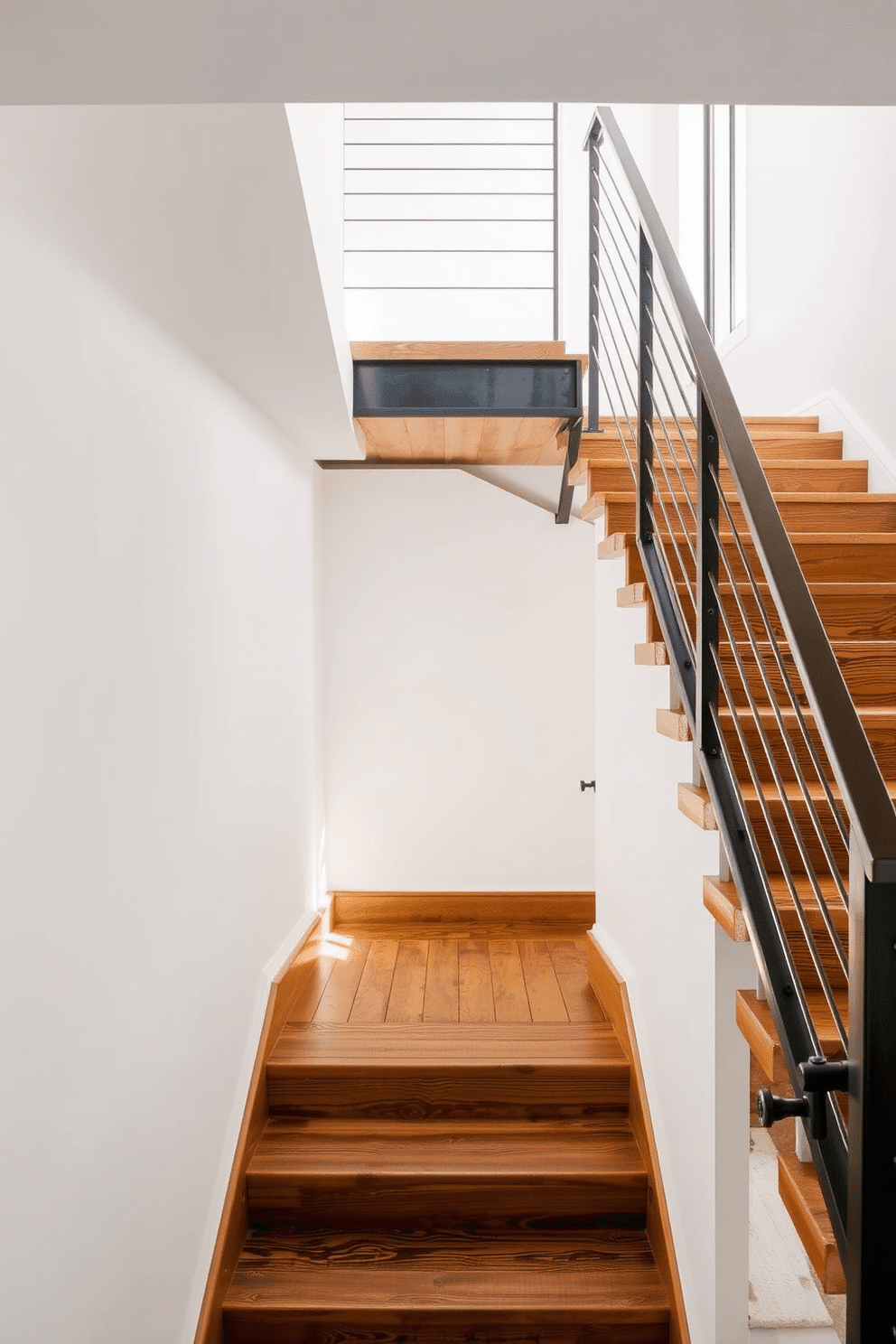 A rustic wood staircase with metal details features rich, textured wooden steps that contrast beautifully with sleek, industrial metal railings. The warm tones of the wood create an inviting atmosphere, while the metal accents add a contemporary edge. Mid-Century Modern staircase design incorporates clean lines and organic shapes, showcasing a combination of wood and metal materials. The staircase is illuminated by natural light, enhancing the simplicity and elegance of the design while maintaining a focus on functionality.