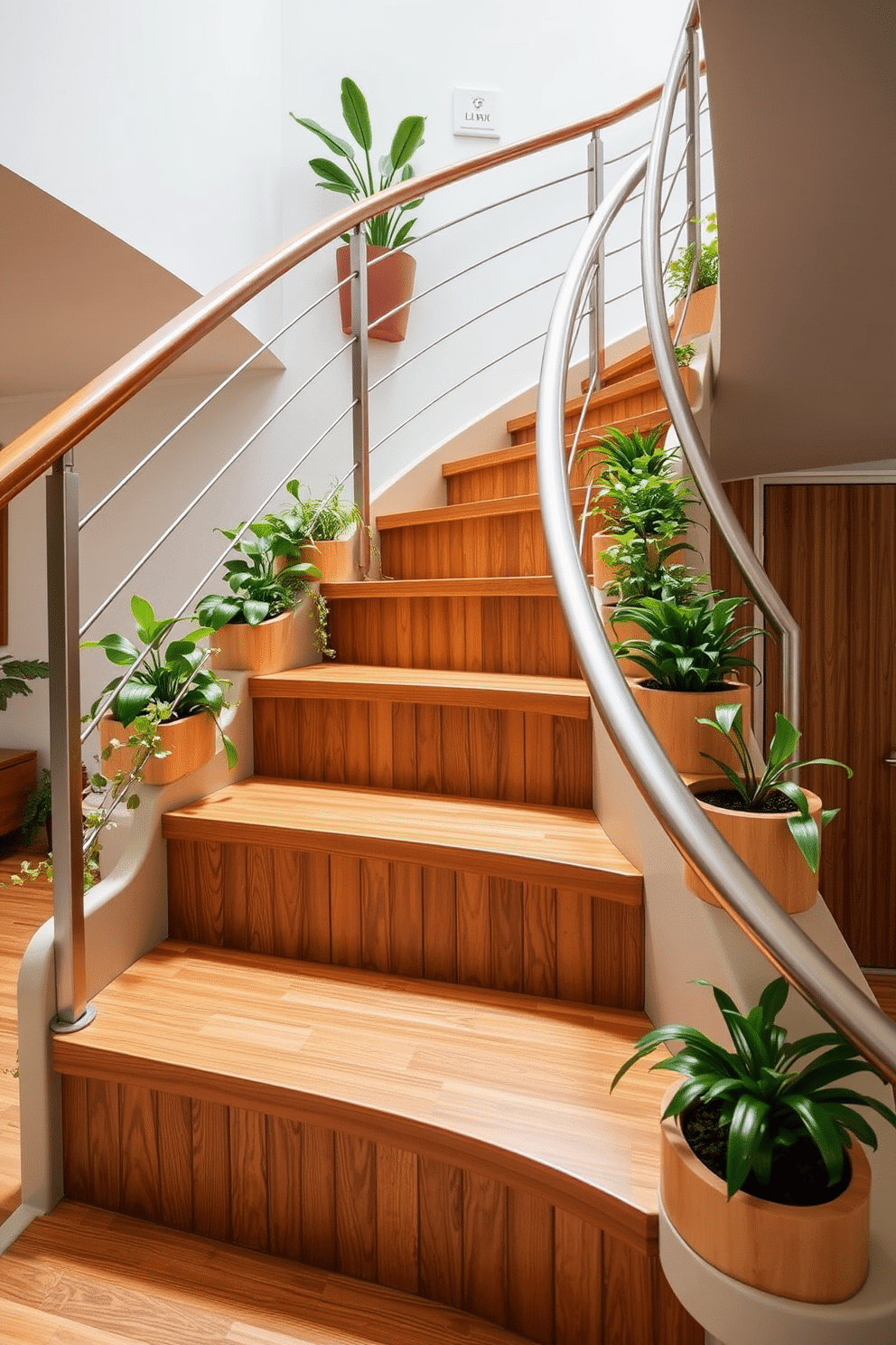 A stunning staircase featuring integrated planters that bring a touch of greenery into the space. The wooden steps are complemented by sleek metal railings, with vibrant plants cascading from the built-in planters along the sides. The design showcases a Mid-Century Modern aesthetic, with clean lines and organic shapes. Warm wood tones and minimalist decor create a harmonious balance between functionality and style.