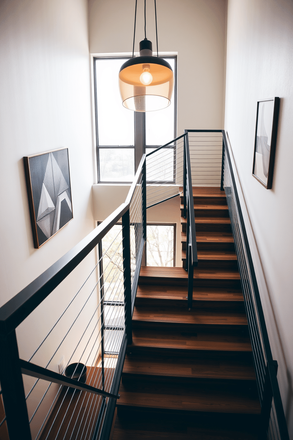 A stunning staircase featuring a blend of materials, including sleek metal railings and warm hardwood treads. The walls are adorned with minimalist art, and a large window allows natural light to cascade down, highlighting the rich textures of the wood and the coolness of the metal. Incorporating Mid-Century Modern design elements, the staircase showcases geometric shapes and clean lines. A statement pendant light hangs above, casting soft shadows and creating an inviting atmosphere that complements the overall aesthetic.