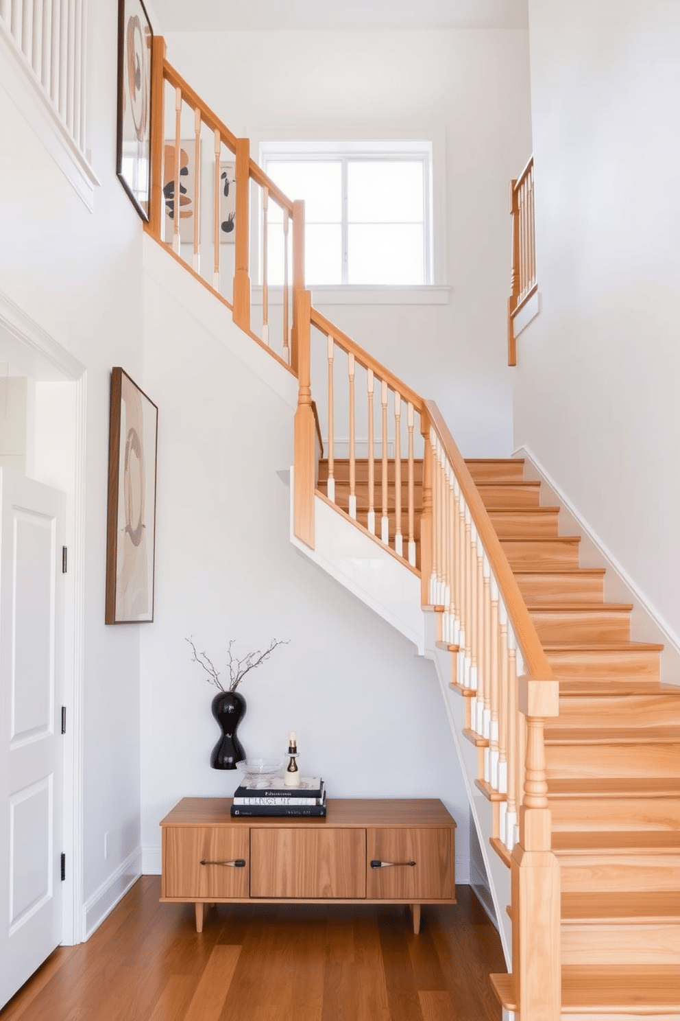 A light wood staircase gracefully ascends against a backdrop of crisp white walls, creating a bright and airy atmosphere. The clean lines and organic shapes of Mid-Century Modern design elements are integrated into the staircase, featuring elegant handrails and minimalist balusters. The treads are wide and inviting, showcasing the natural grain of the wood, while the surrounding walls are adorned with abstract art pieces that reflect the era's aesthetic. At the base of the staircase, a stylish console table holds a few carefully curated decor items, enhancing the overall sophistication of the space.