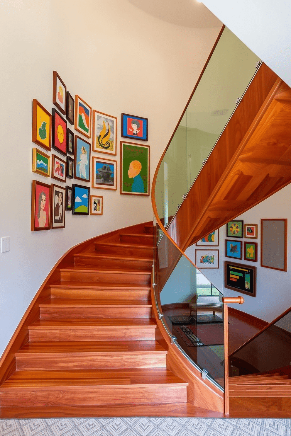 A stunning staircase showcases a vibrant gallery of colorful artwork, with each piece thoughtfully arranged along the walls. The stairs are crafted from rich hardwood, complemented by a sleek glass railing that enhances the open feel of the space. Incorporating Mid-Century Modern design elements, the staircase features clean lines and geometric shapes, creating a harmonious flow. The warm wood tones are paired with bold accent colors in the artwork, adding a playful yet sophisticated touch to the overall aesthetic.