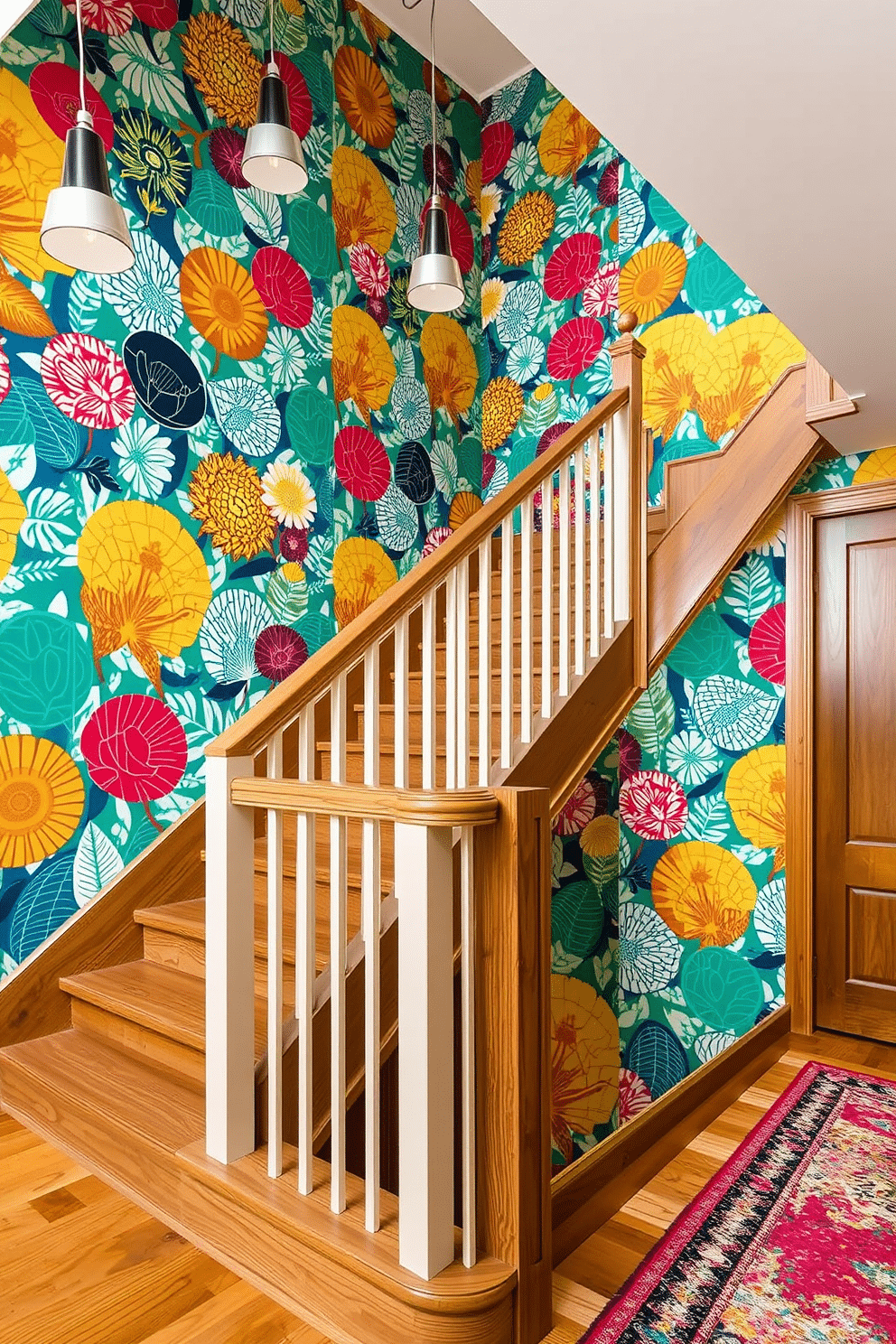 A stunning staircase adorned with vibrant retro wallpaper, showcasing bold patterns that add a playful flair to the space. The wooden staircase features sleek, minimalist railings, allowing the wallpaper to be the focal point of the design. Incorporating Mid-Century Modern elements, the staircase is complemented by geometric shapes and warm wood tones. The lighting fixtures above are stylishly designed to enhance the overall aesthetic while providing ample illumination.