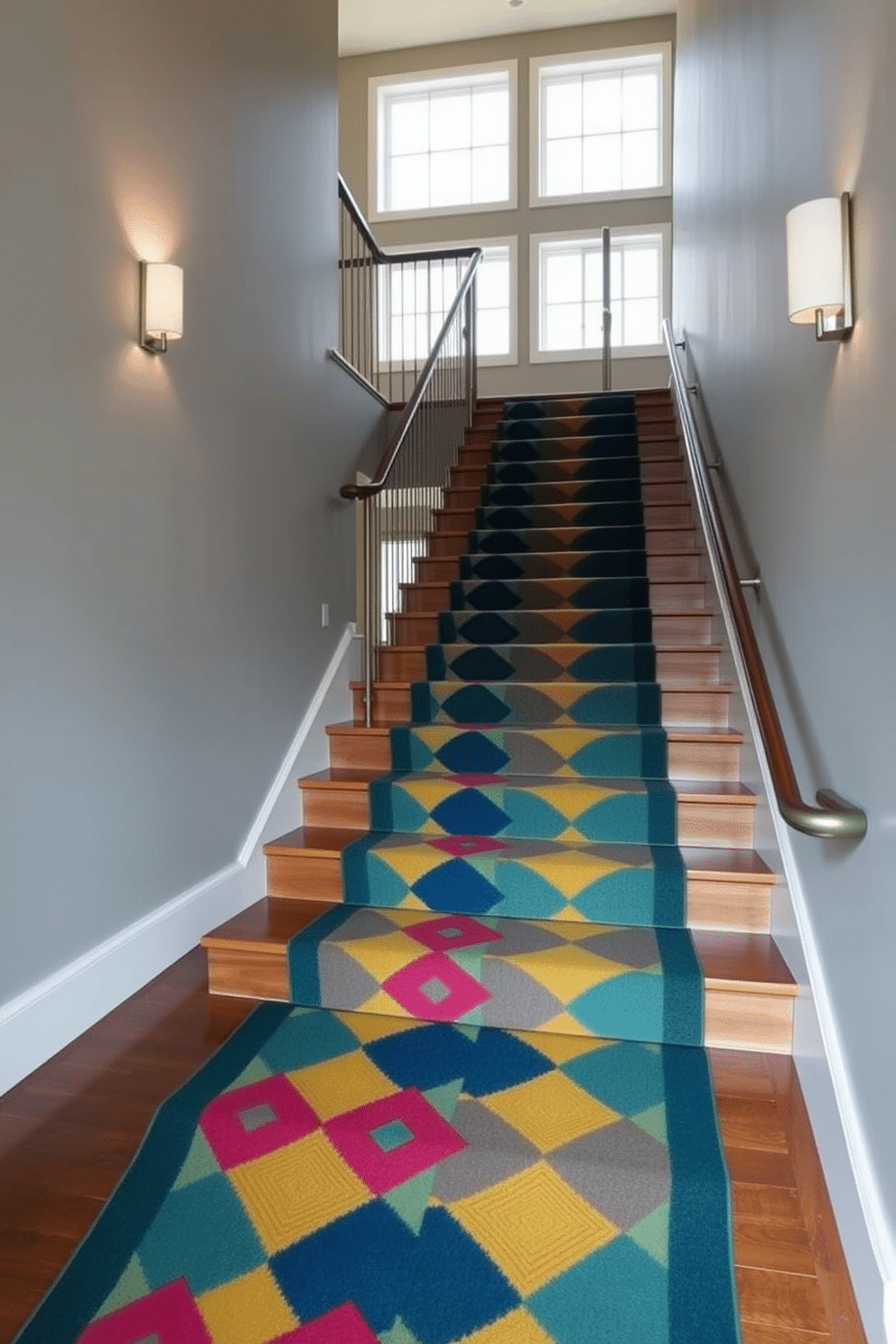 A bold patterned carpet runner adorns the staircase, featuring geometric shapes in vibrant colors that contrast with the sleek wooden steps. The walls are painted in a soft gray, allowing the runner to become the focal point of the space, while stylish wall sconces illuminate the ascent. The staircase design embraces Mid-Century Modern aesthetics, showcasing clean lines and a minimalist railing made of polished metal. Large windows on the landing flood the area with natural light, enhancing the overall warmth and inviting atmosphere of the home.