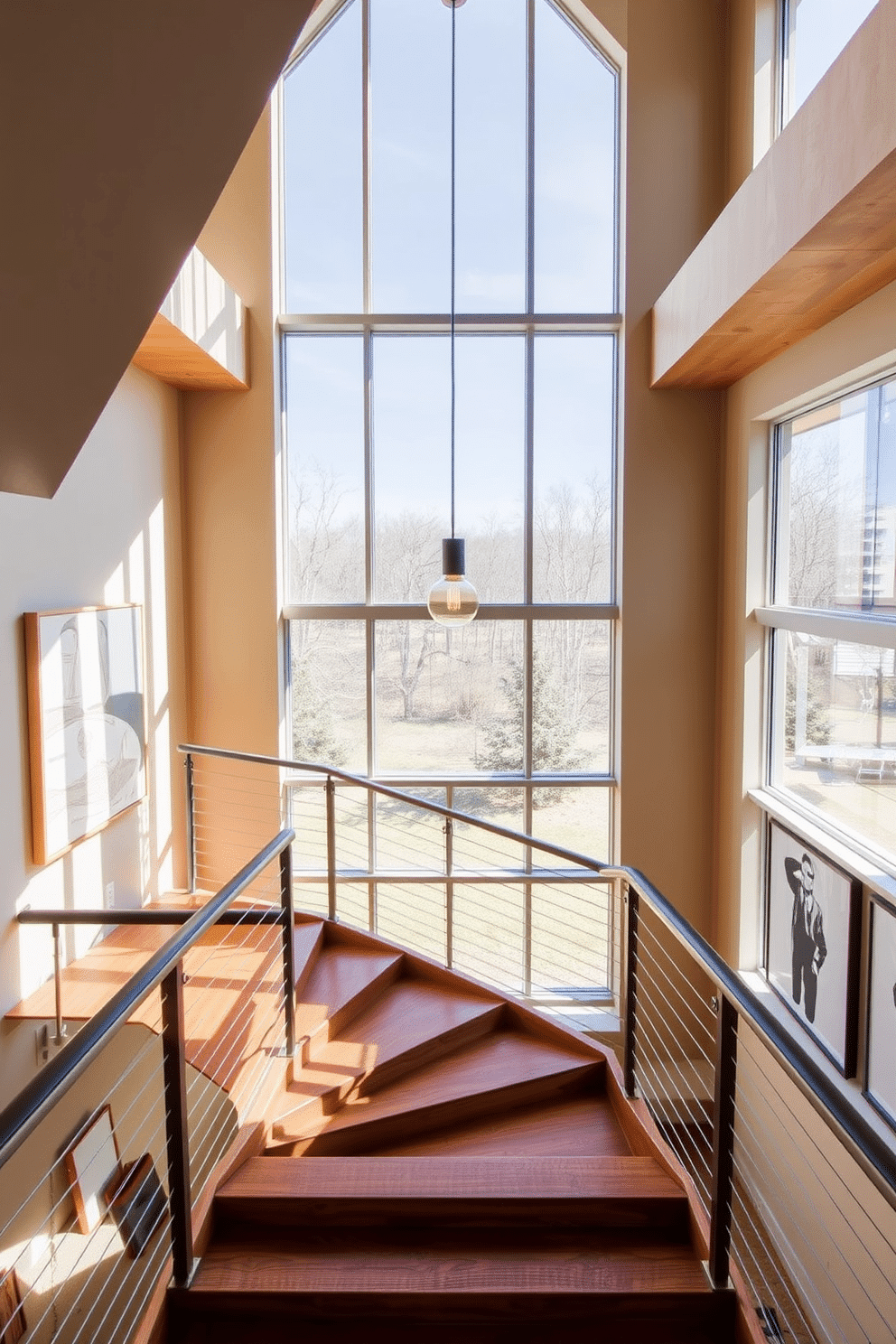 A stunning staircase design featuring large windows that flood the space with natural light. The steps are crafted from rich hardwood, complemented by sleek metal railings that enhance the Mid-Century Modern aesthetic. The walls are adorned with minimalist artwork, and a stylish pendant light hangs above the landing. The overall color palette features warm tones, creating an inviting atmosphere that balances elegance and functionality.