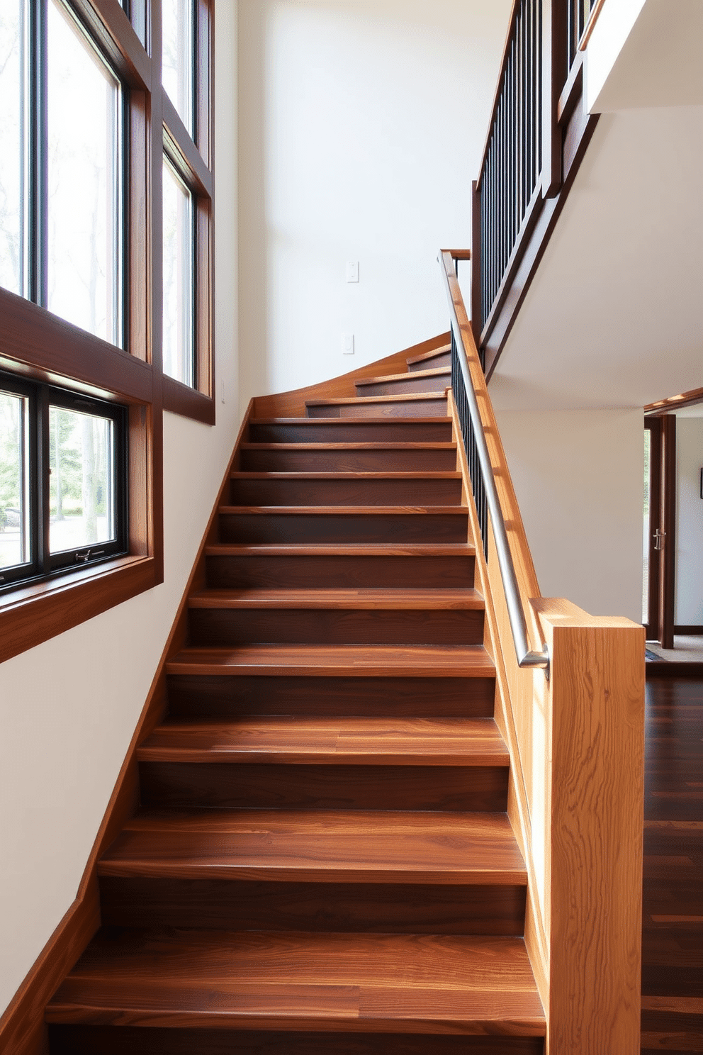 A stunning staircase design featuring contrasting dark and light woods that create a striking visual effect. The treads are made of rich, dark mahogany, while the risers are a lighter oak, enhancing the Mid-Century Modern aesthetic. The handrail is a sleek, minimalist design in brushed metal, seamlessly integrating with the overall look. Large windows adjacent to the staircase flood the space with natural light, highlighting the beautiful grain of the wood.