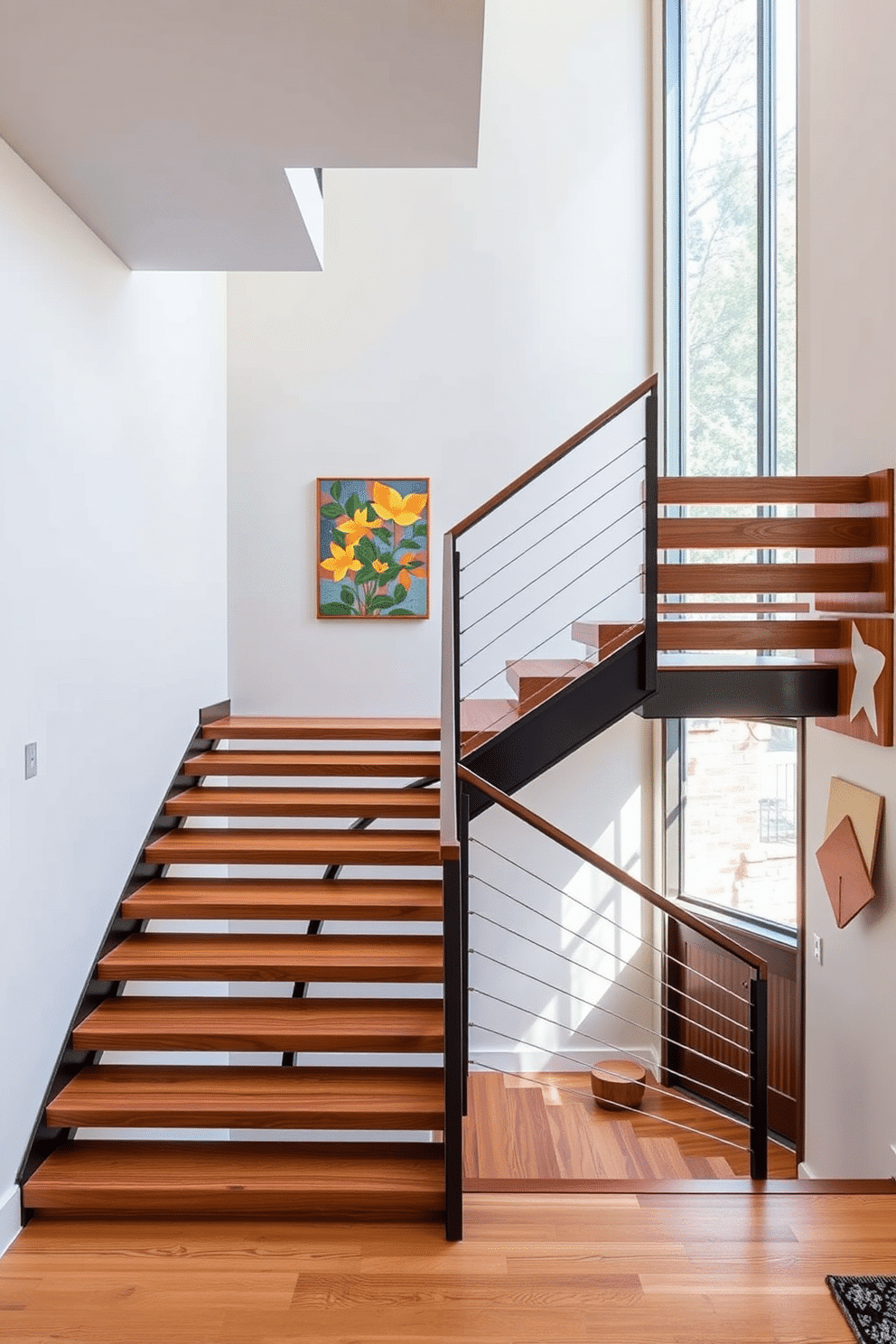 Open riser staircase with wood treads, featuring sleek lines and a minimalist design. The staircase is illuminated by natural light streaming in through a large window, highlighting the rich grain of the wood and the spaciousness of the area. Mid-Century Modern staircase design ideas incorporate geometric shapes and organic forms. A striking railing made of metal and wood complements the overall aesthetic, while vibrant artwork adorns the walls, adding a pop of color to the space.