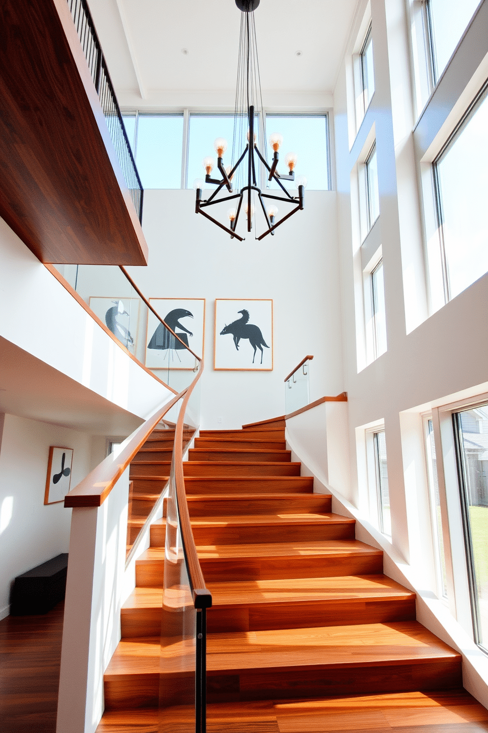 A stunning staircase featuring a sleek, curved design with polished wooden steps. Above, a striking mid-century modern chandelier hangs, its geometric shapes casting a warm glow throughout the space. The walls are adorned with minimalist art pieces that complement the chandelier's aesthetic. Natural light floods in through large windows, highlighting the elegant lines and rich textures of the staircase.