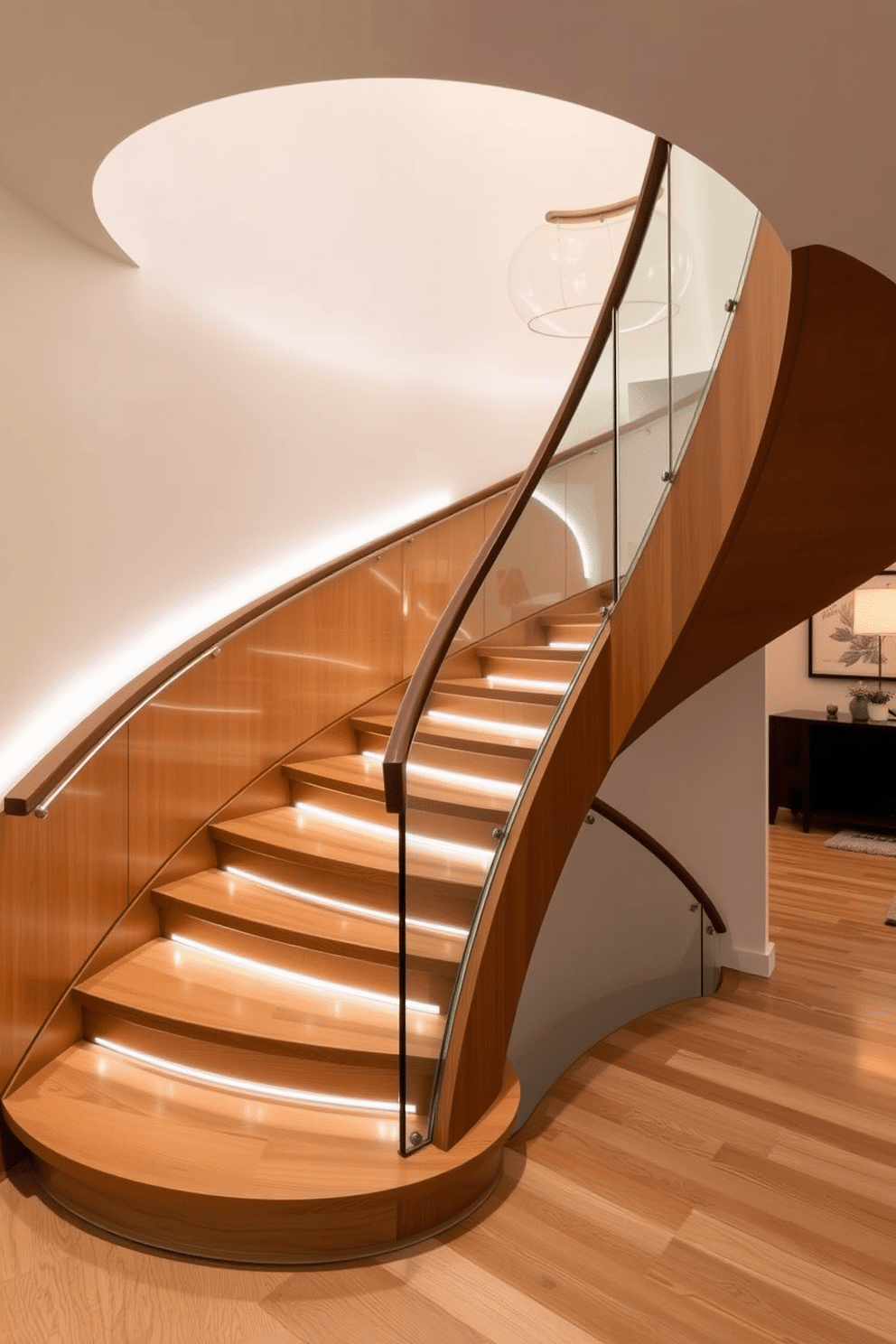 A stunning curved staircase elegantly sweeps through the space, featuring integrated LED lighting that highlights its graceful lines and enhances the overall ambiance. The staircase is adorned with a rich walnut handrail and sleek glass balustrades, creating a seamless blend of modern design and timeless sophistication. The Mid-Century Modern aesthetic is captured through the use of warm wood tones and minimalist design elements. The treads are crafted from polished oak, while the surrounding walls are painted in a soft cream, allowing the staircase to stand out as a central feature of the home.