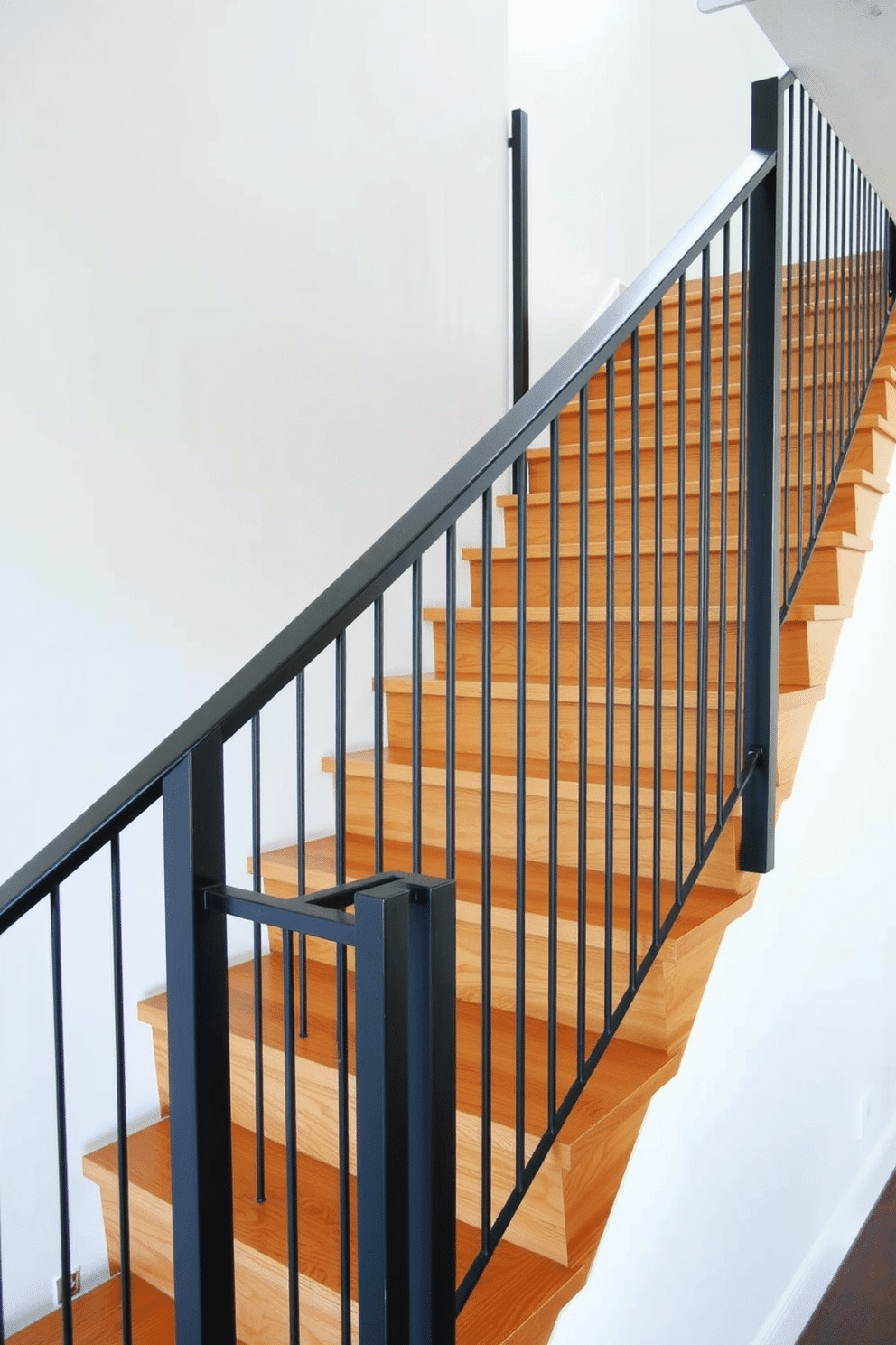 A stunning Mid-Century Modern staircase features a sleek wrought iron railing that elegantly complements the warm wooden steps. The combination of materials creates a harmonious balance, showcasing the beauty of minimalist design while providing a functional focal point in the space.