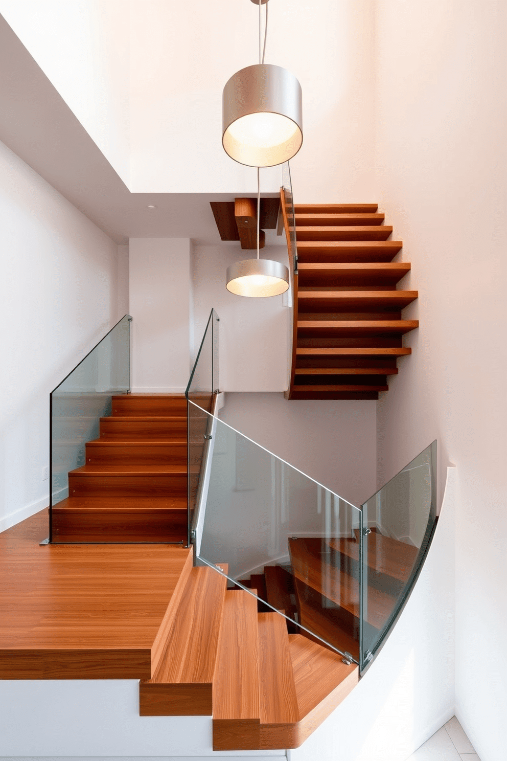 A minimalist staircase with sleek lines features a floating design that showcases open space and light. The steps are made of polished wood, complemented by a glass railing that enhances the airy feel of the area. Incorporating Mid-Century Modern elements, the staircase showcases bold geometric shapes and rich wood tones. The design includes a statement pendant light above, casting warm illumination on the elegant curves of the staircase.