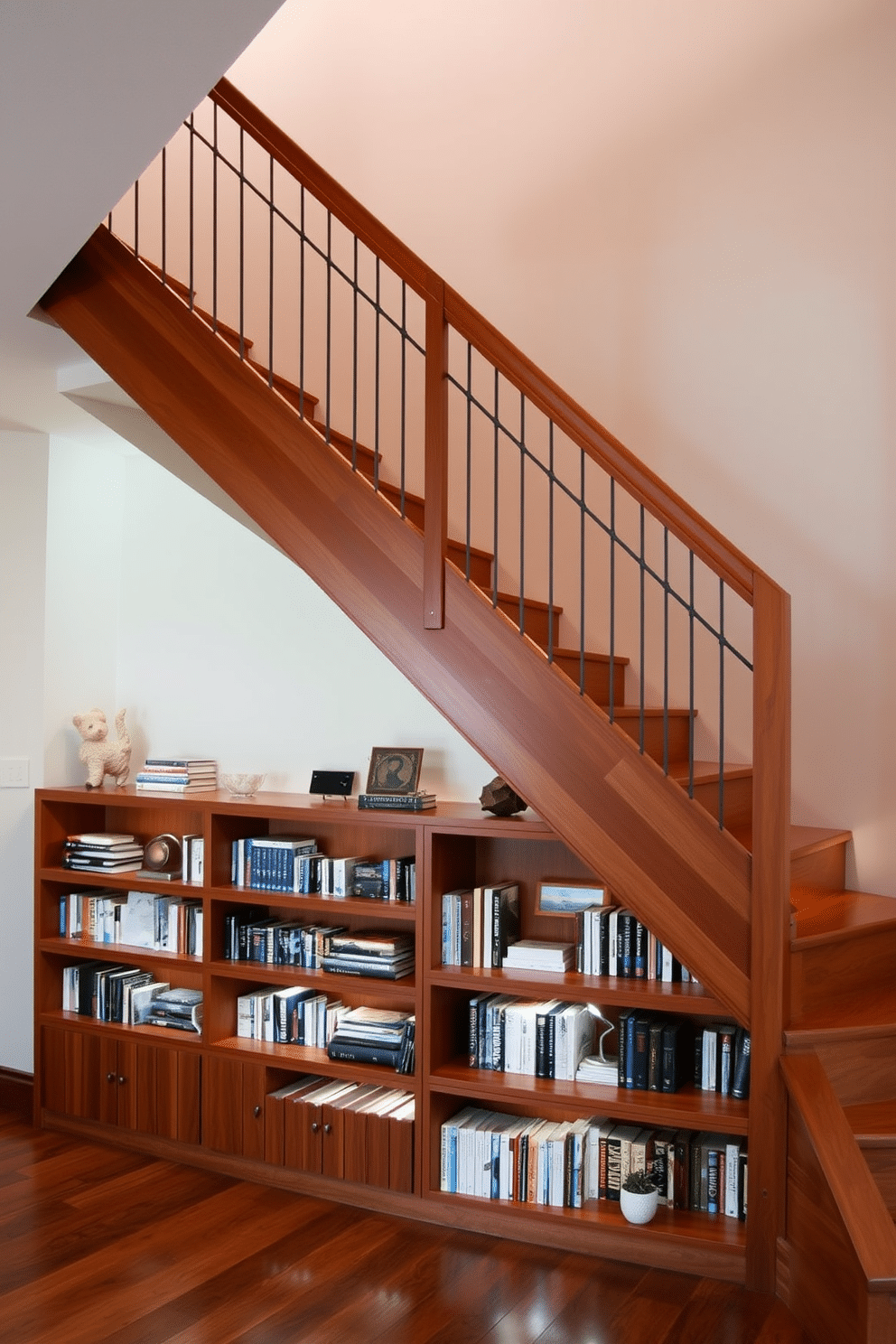 A stunning staircase design featuring built-in bookshelves underneath, seamlessly integrated into the overall aesthetic. The staircase showcases clean lines and a rich wood finish, with the shelves displaying an array of books and decorative items. The surrounding walls are painted in a soft, neutral tone that enhances the warmth of the wood. Ambient lighting highlights the bookshelves, creating a cozy and inviting atmosphere in this Mid-Century Modern space.