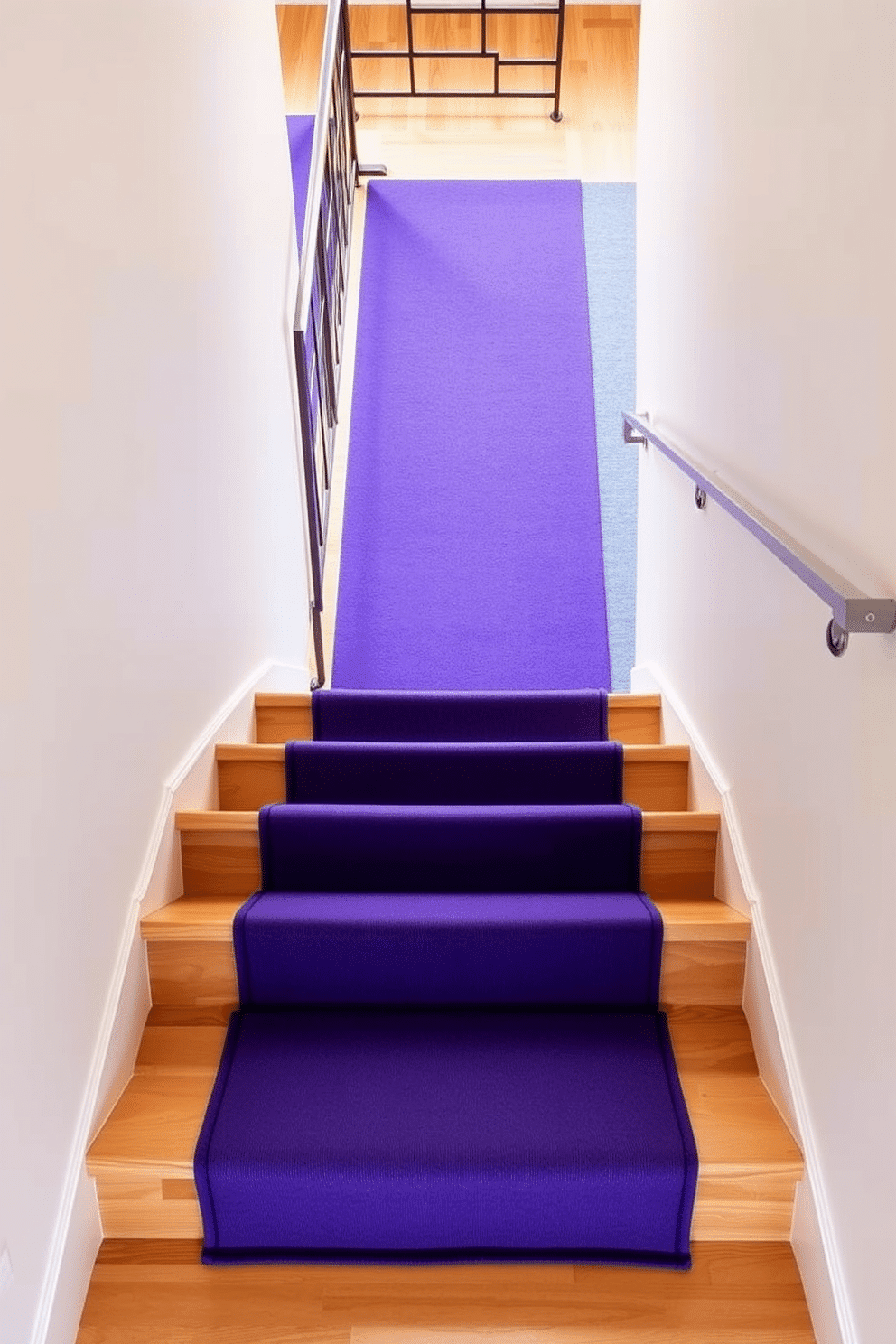 A bold colored stair runner in a vibrant hue contrasts beautifully with the sleek, minimalist lines of a Mid-Century Modern staircase. The staircase features warm wood treads and a geometric metal railing, creating a striking visual balance with the dynamic runner that draws the eye upward.